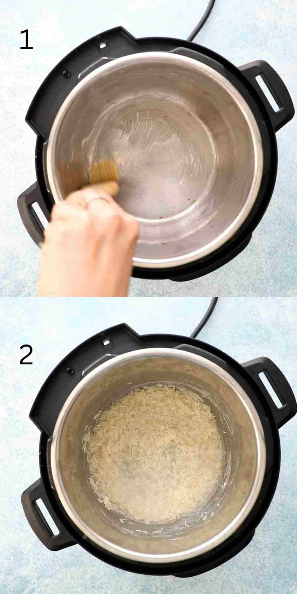 2 photo collage of an instant pot with rice and water.