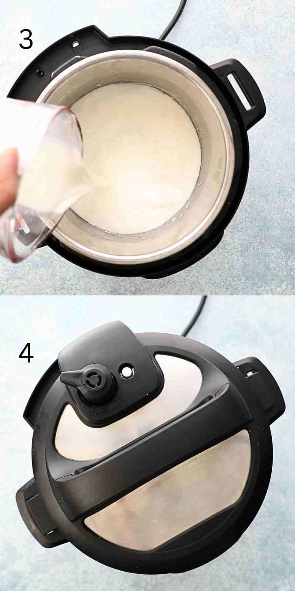 2 photo collage of an instant pot with milk and then closed with the lid.
