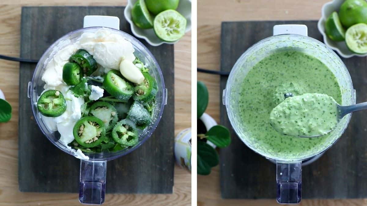 2 photo collage of making green cilantro sauce in a food processor.