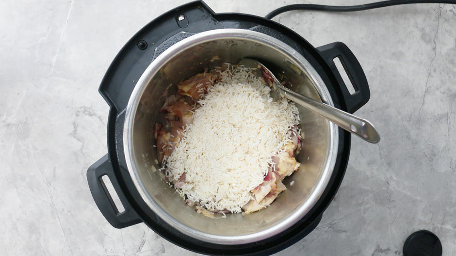 add rinsed and drained basmati rice to instant pot