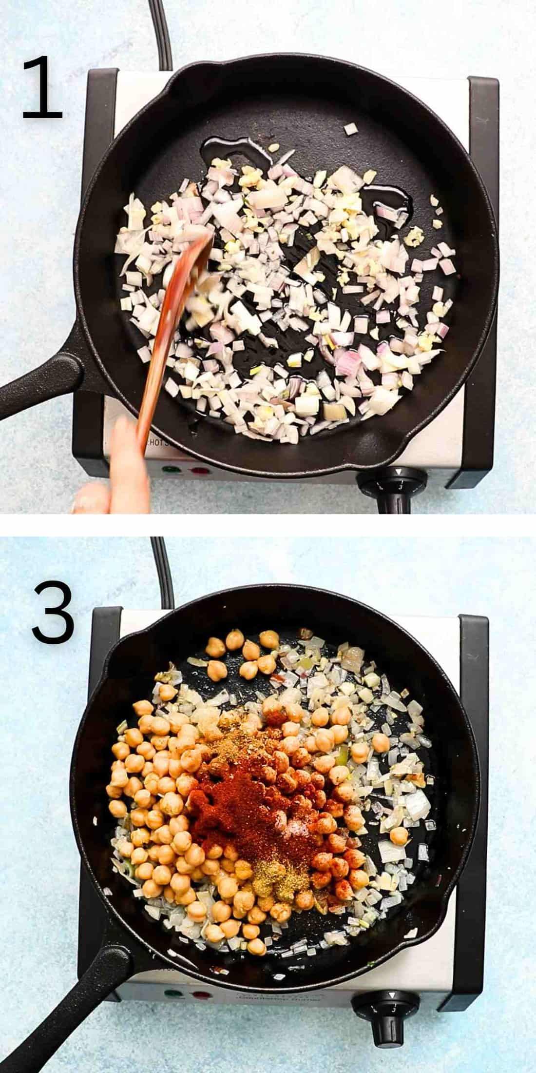 two photo collage of cooking chickpeas in a black skillet.