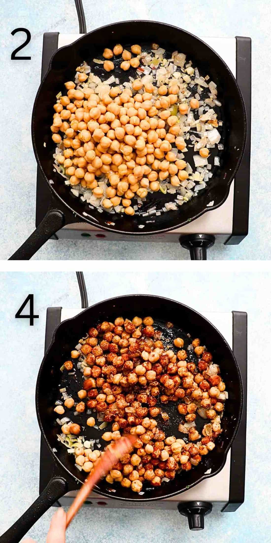 two photo collage of cooking chickpeas in a black skillet.