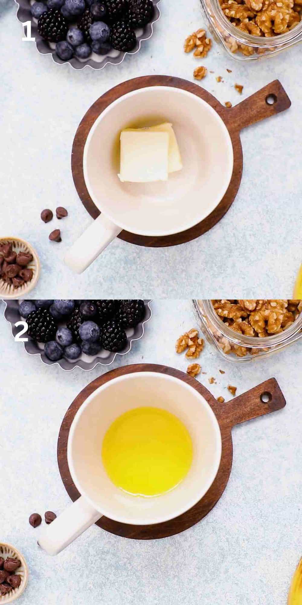 2 photo collage of melting butter in a white mug. 