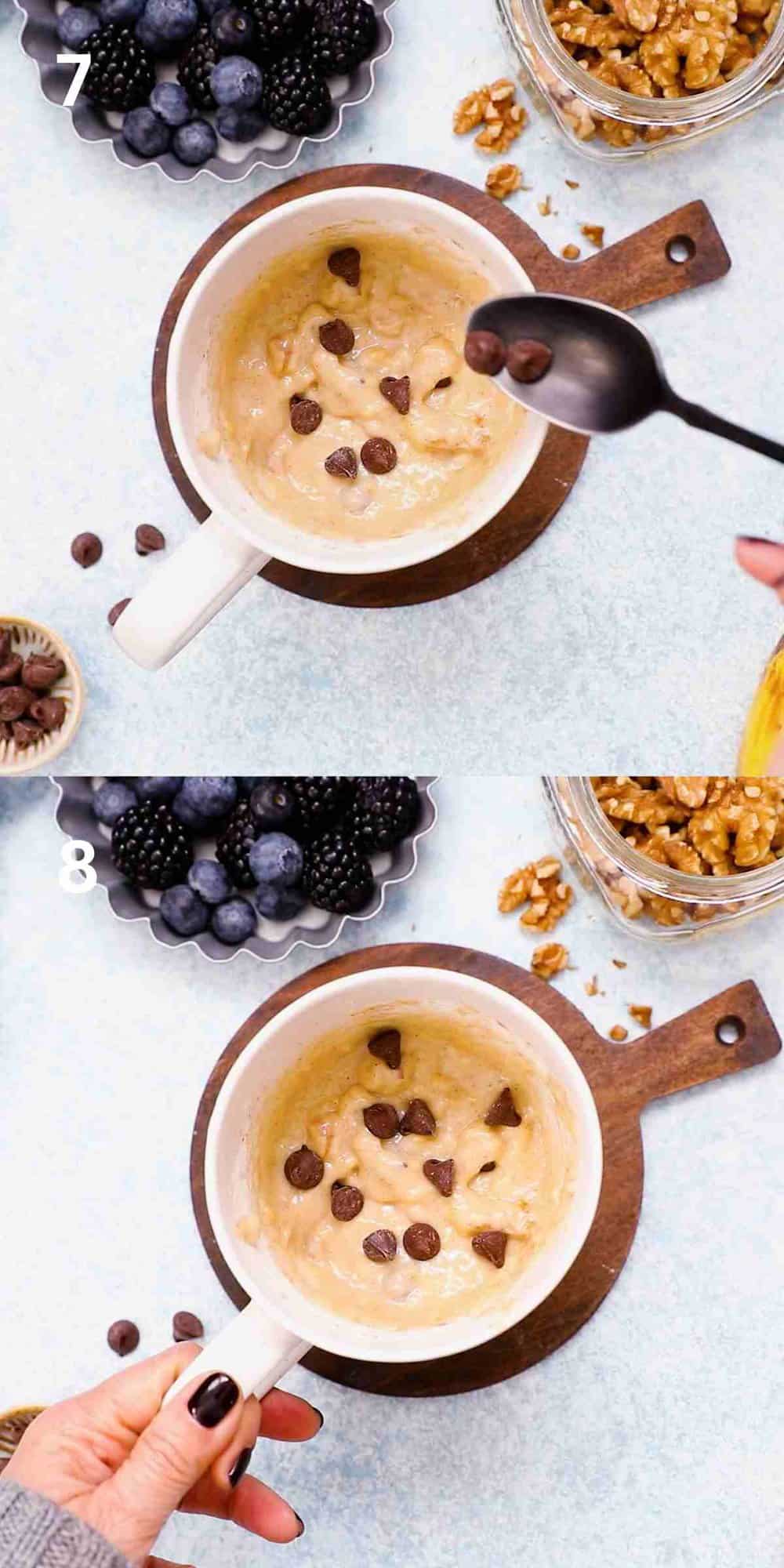 2 photo collage of adding chocolate chips in a white mug, with cake batter.