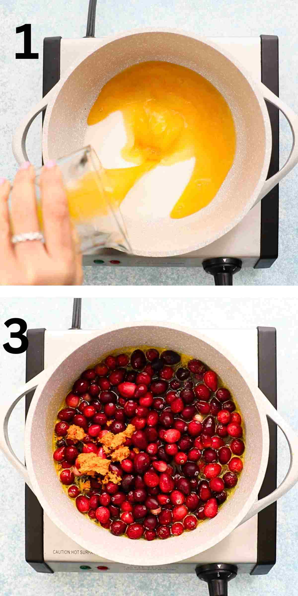 two photo collage of cooking cranberry sauce in a white saucepan placed on the stovetop.