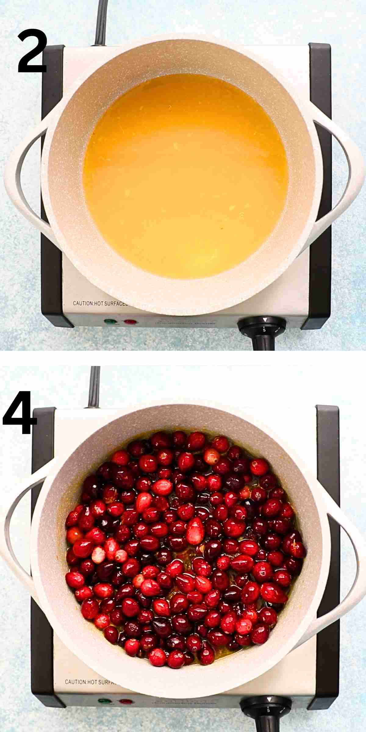 two photo collage of cooking cranberry sauce in a white saucepan placed on the stovetop.