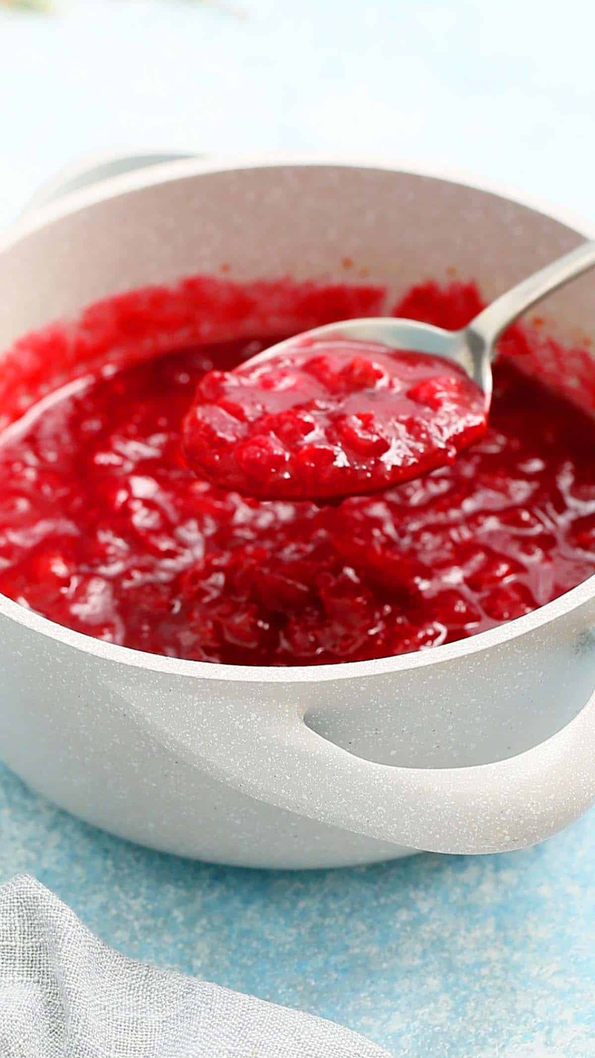 a spoonful of cranberry sauce above a white saucepan filled with the same.