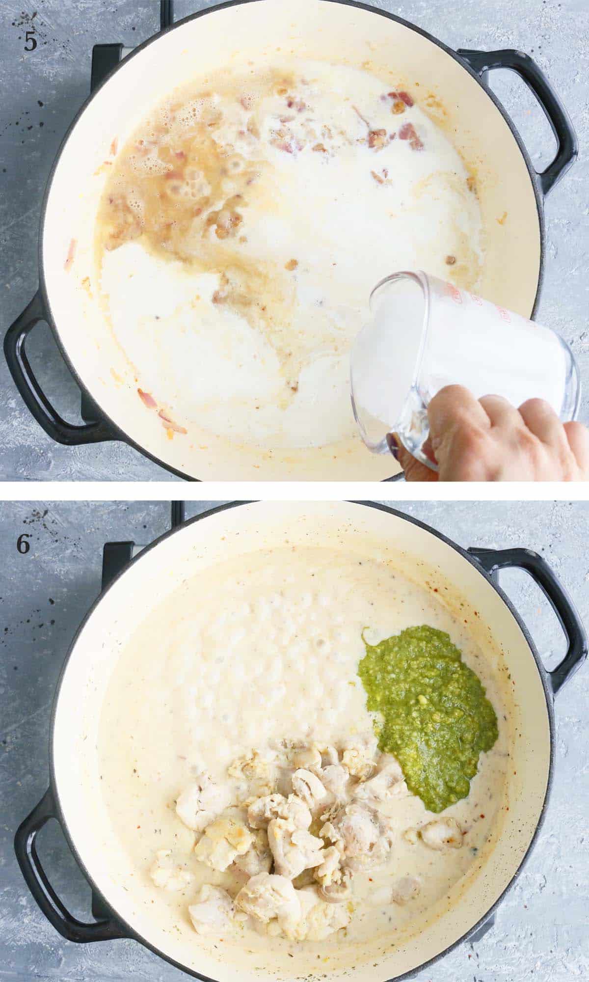 2 photo collage of cooking pesto cream sauce in a white skillet.