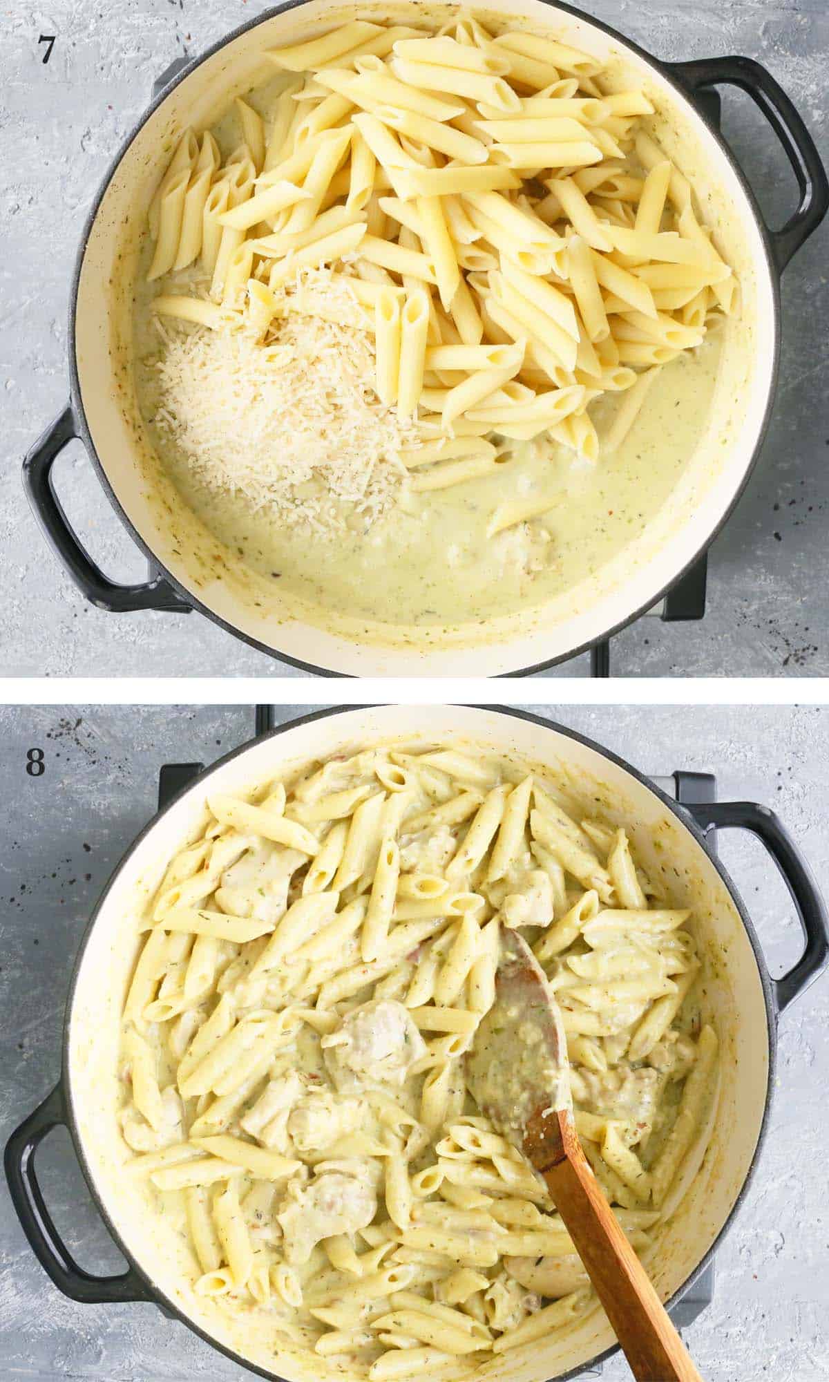 2 photo collage of tossing cooked pasta in a white skillet.
