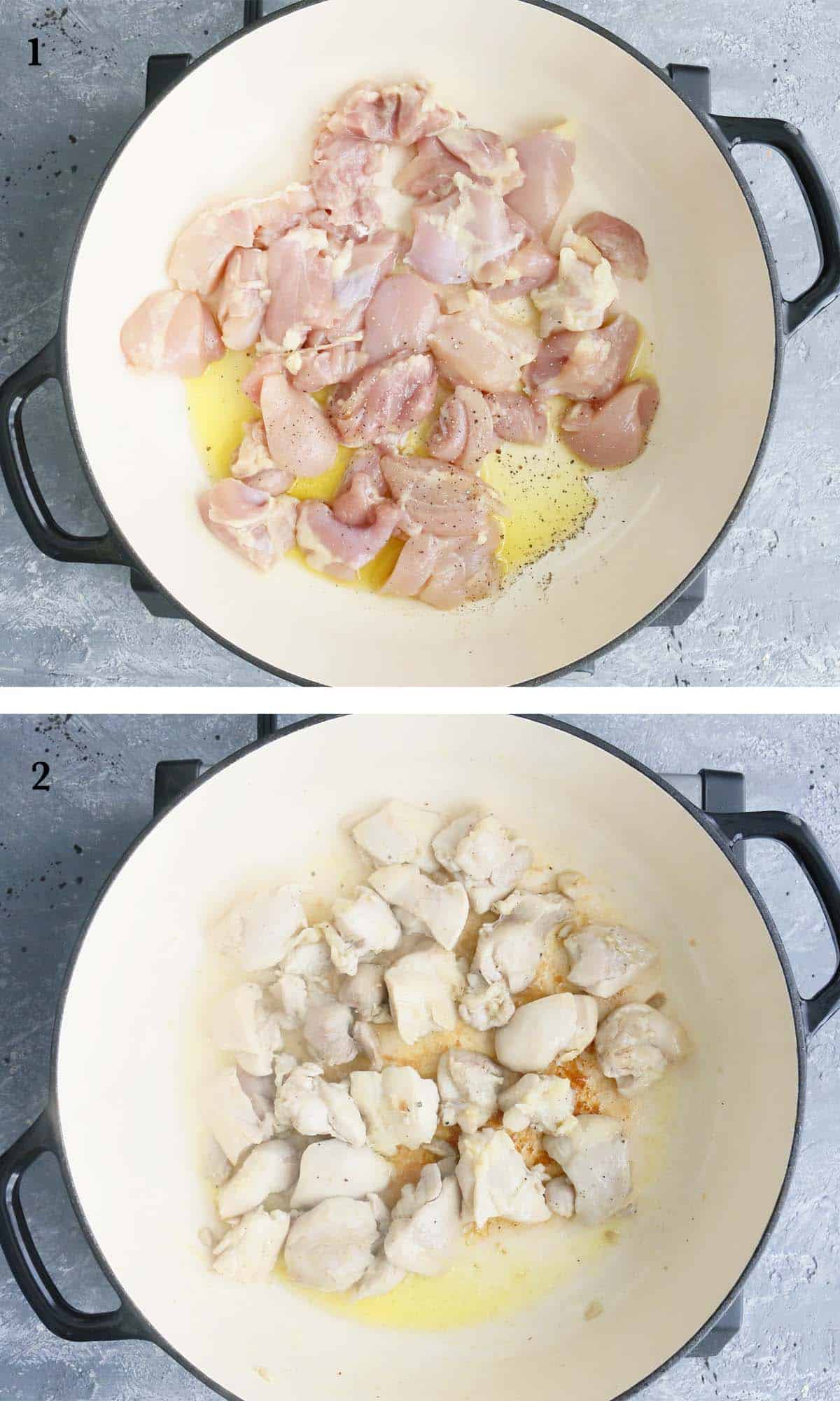 2 photo collage of chicken cooking in white skillet. 