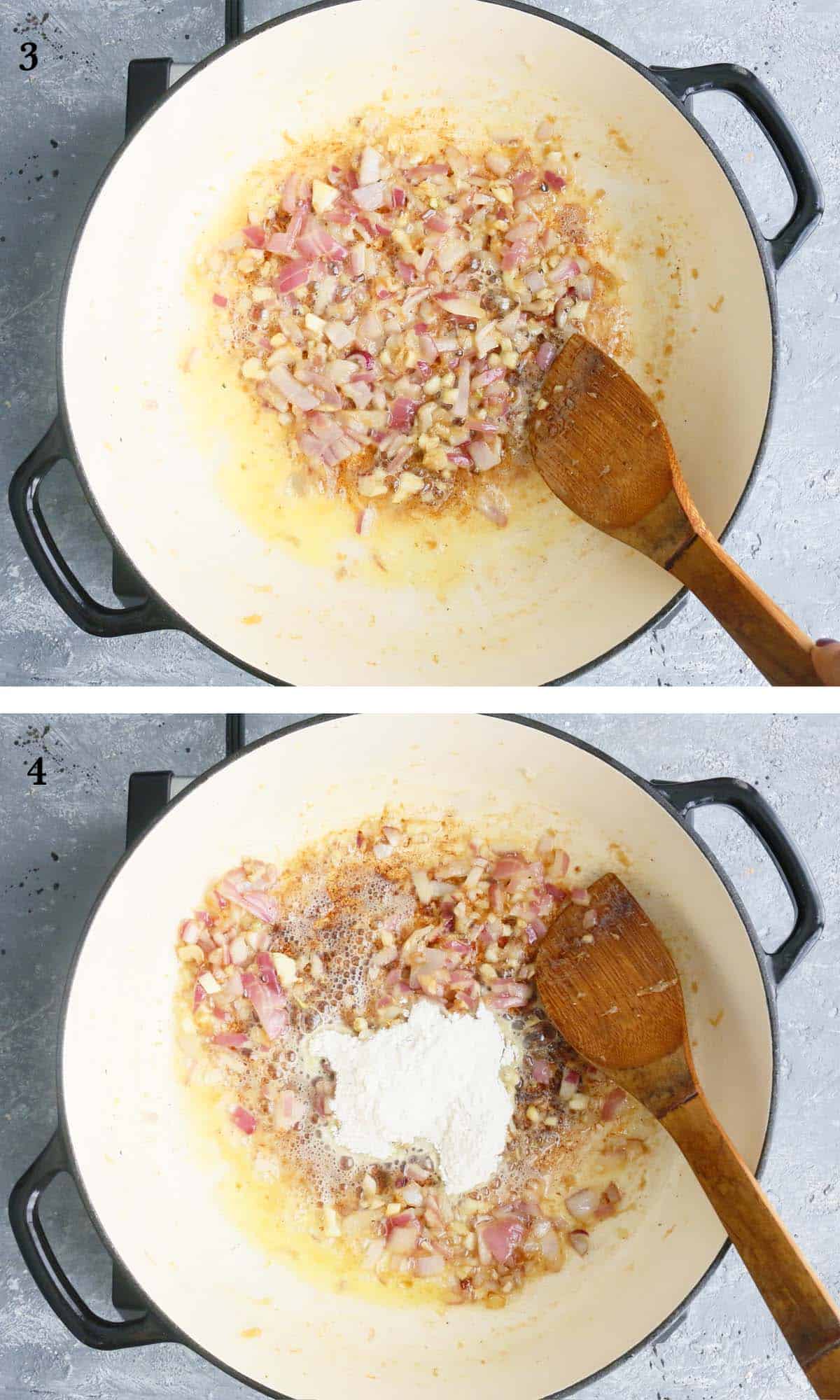 2 photo collage of sauteing onion and garlic in white skillet. 