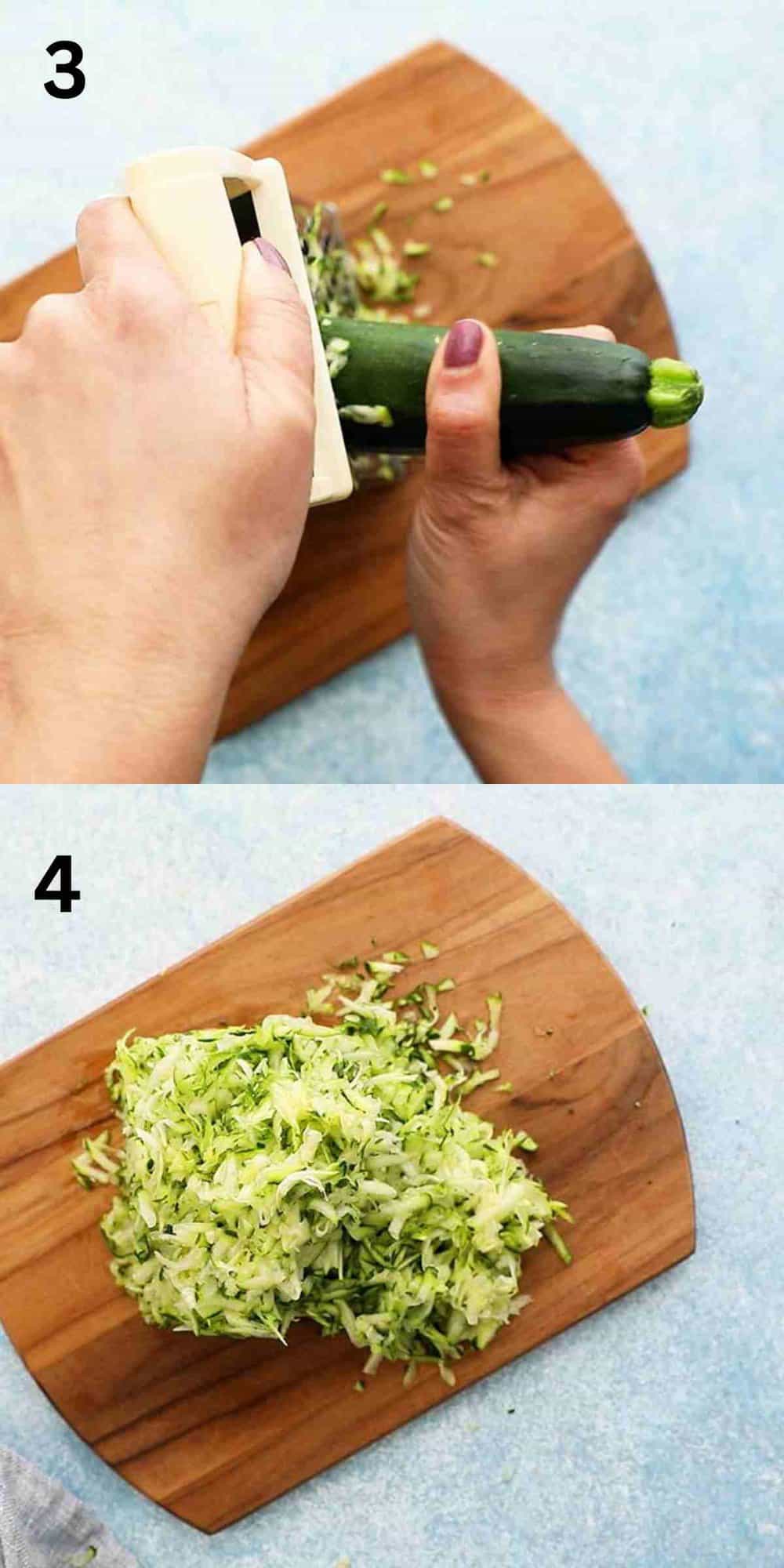 2 photo collage of grating a zucchini on a wooden board.