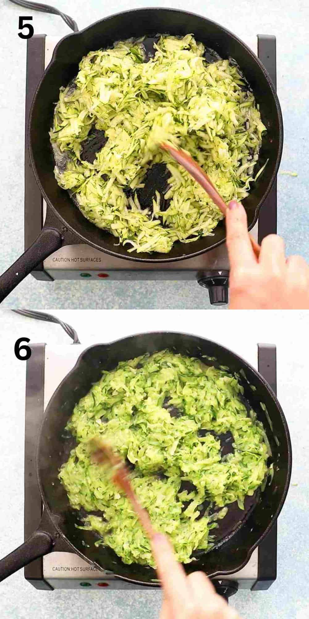 2 photo collage of sauteeing grated zucchini in a black skillet.