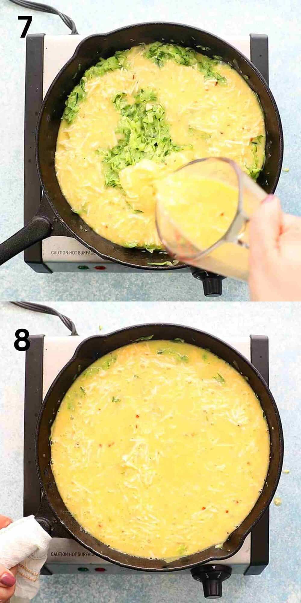 2 photo collage of pouring egg mixture on top cooked zucchini in a black pan.