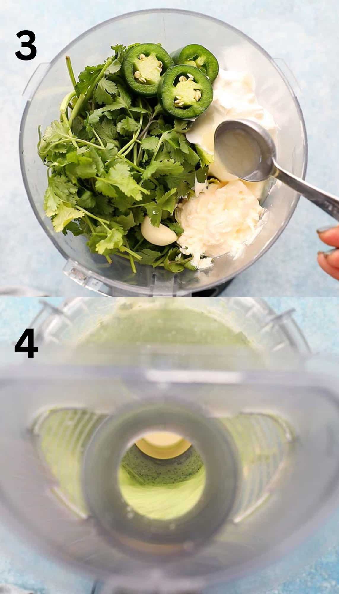 2 photo collage of a food processor processing sauce and adding lime juice using a tablespoon.