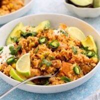 cooked chicken and rice in a white bowl topped with green peppers and avocado.