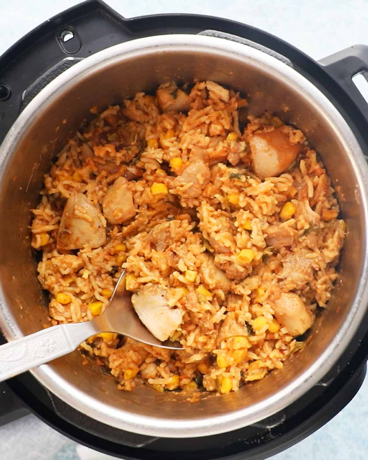 cooked chicken and rice in an instant pot.