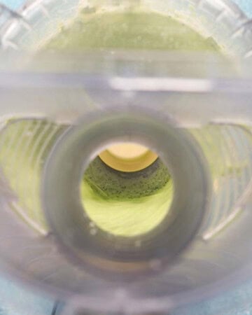 a closed food processor with green sauce inside.