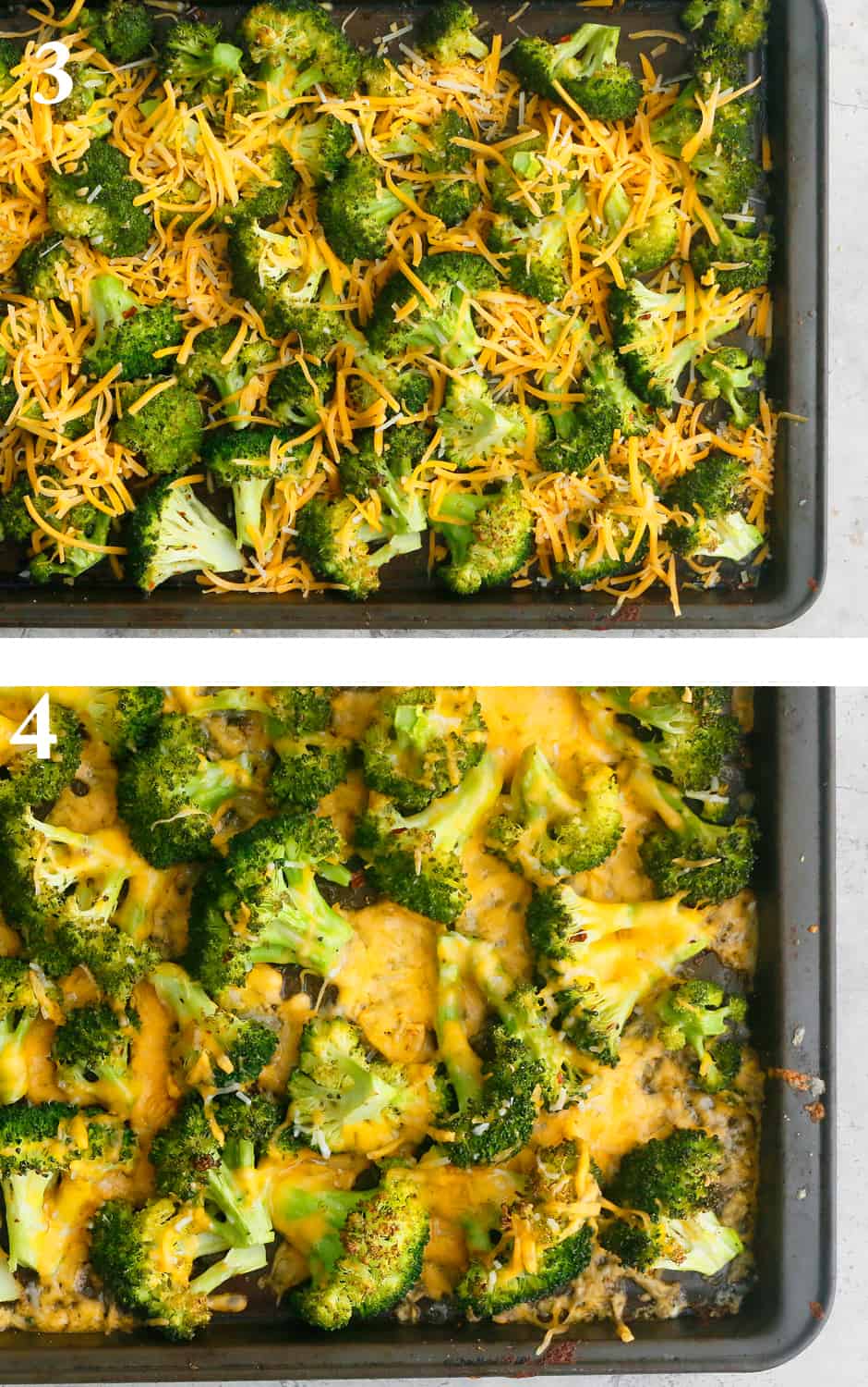two photo collage of cooked broccoli florets topped with melted cheese in a black baking sheet. 