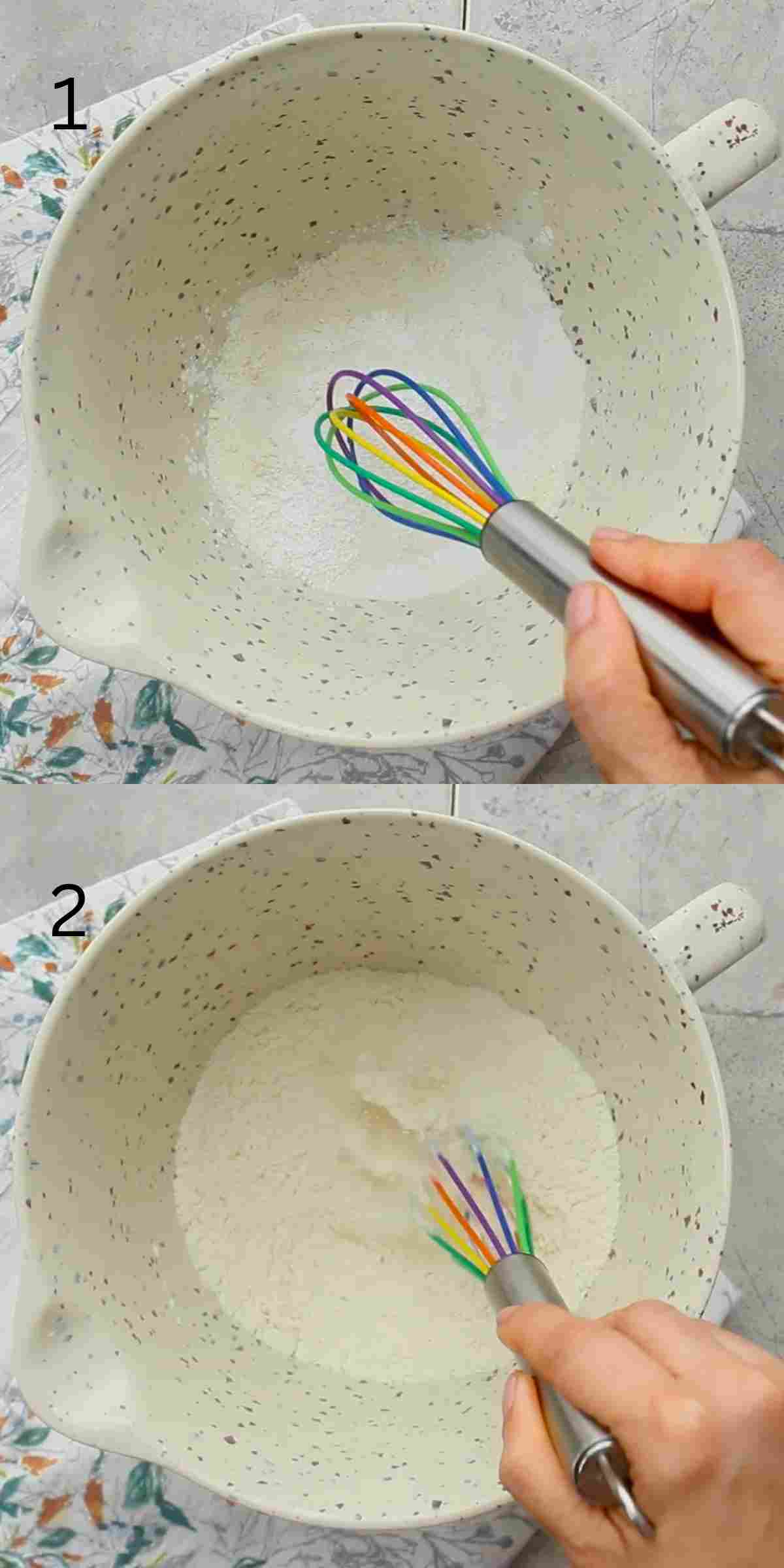 2 photo collage of a hand mixing dry ingredients in a large white bowl. 