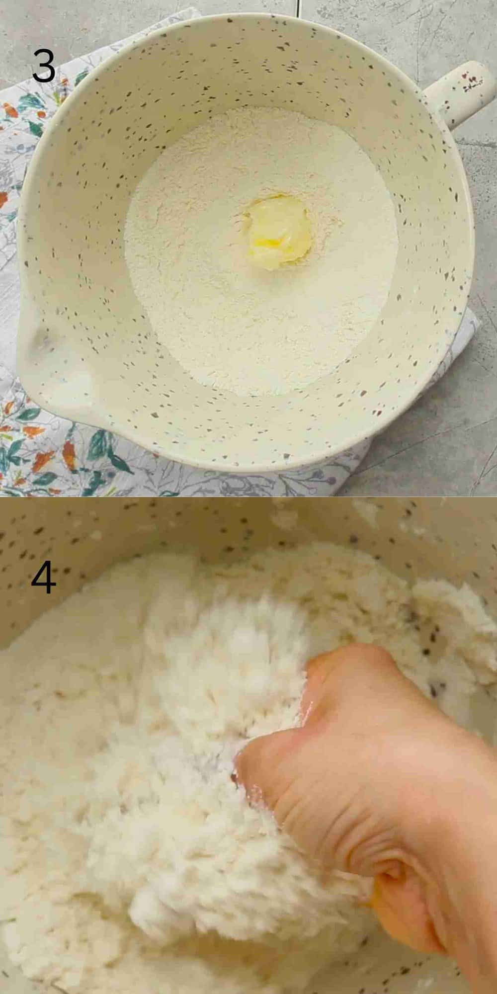 2 photo collage of a hand mixing butter into the flour, in a white bowl. 