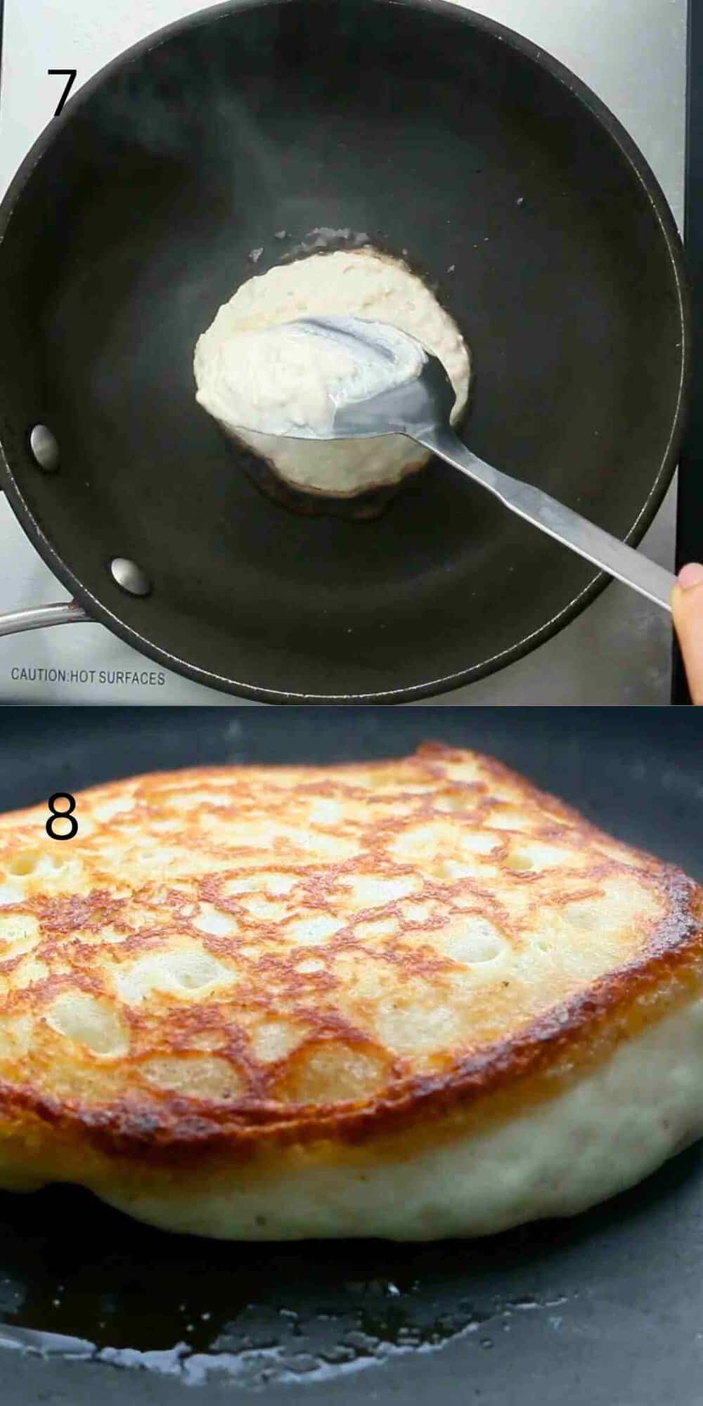 2 photo collage of pouring and cooking one pancake in a black skillet.