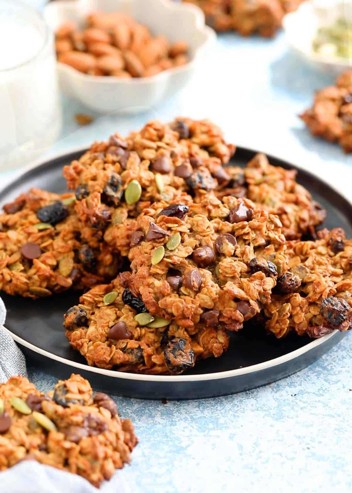 breakfast cookies placed on a large black plate.
