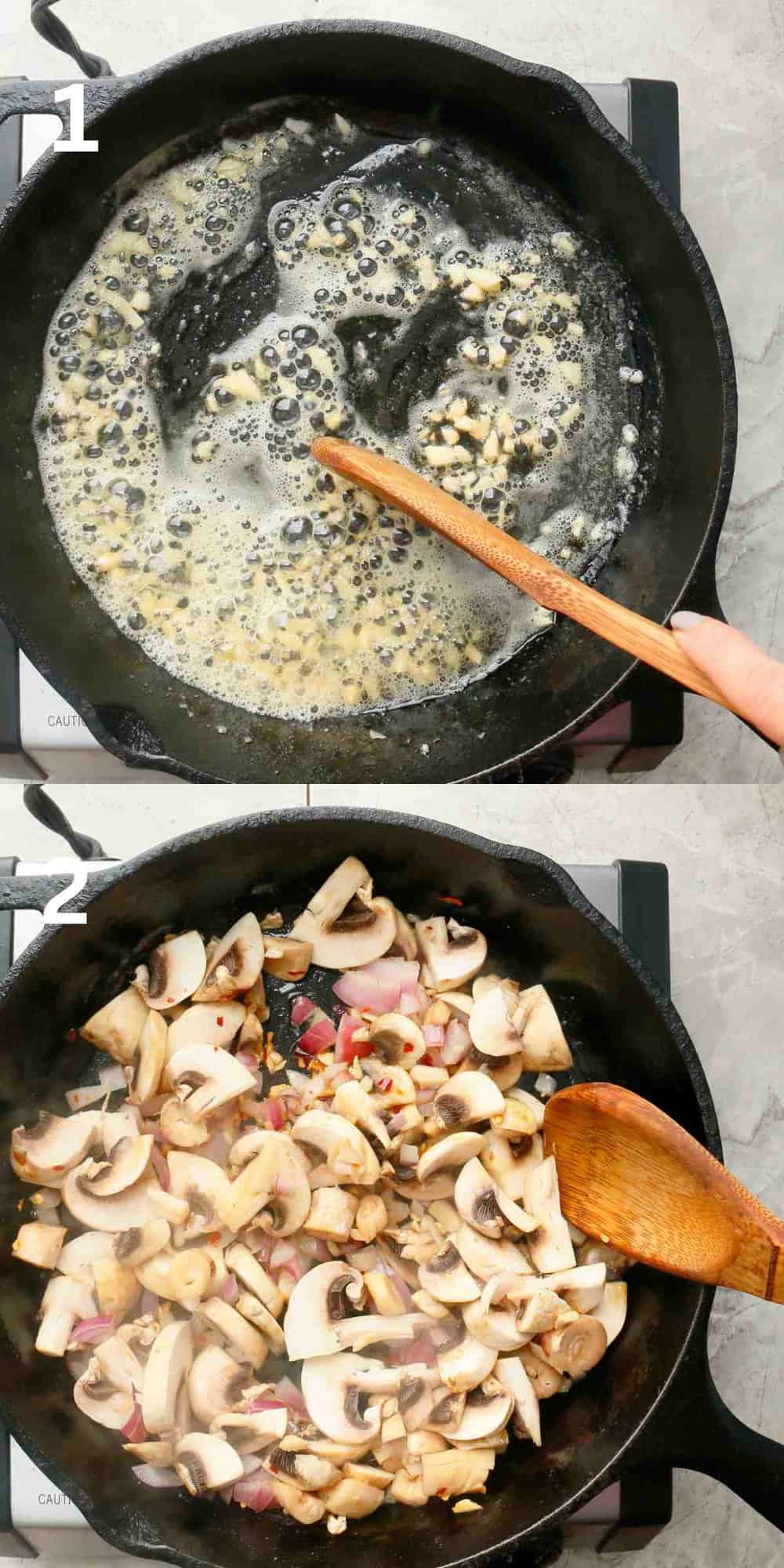 2 photo collage of cooking mushrooms, onion and garlic in a black skillet.