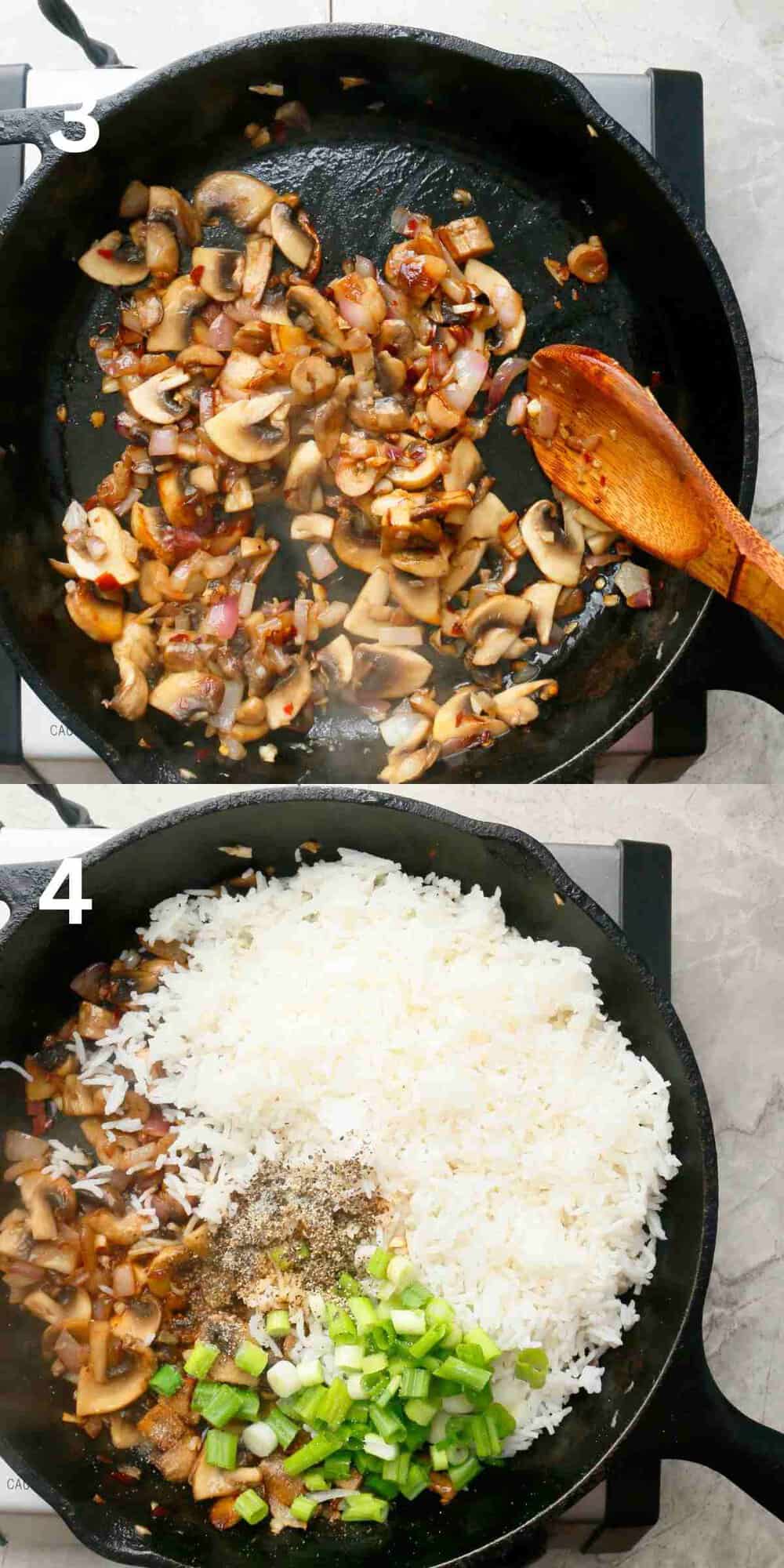 2 photo collage of cooking mushrooms, white rice and scallions in a black skillet.