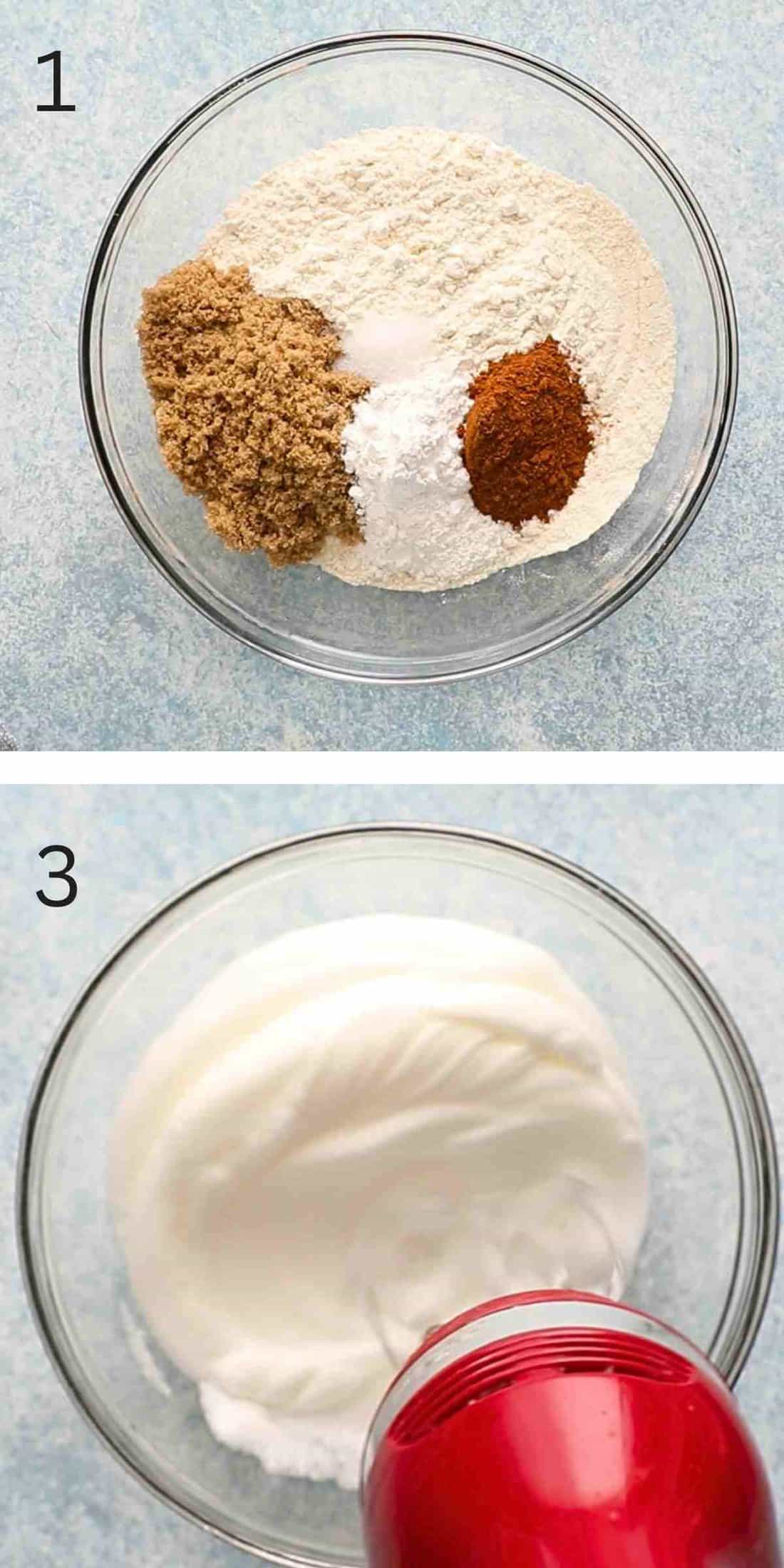 2 photo collage of dry ingredients and beaten egg whites in a glass bowl.