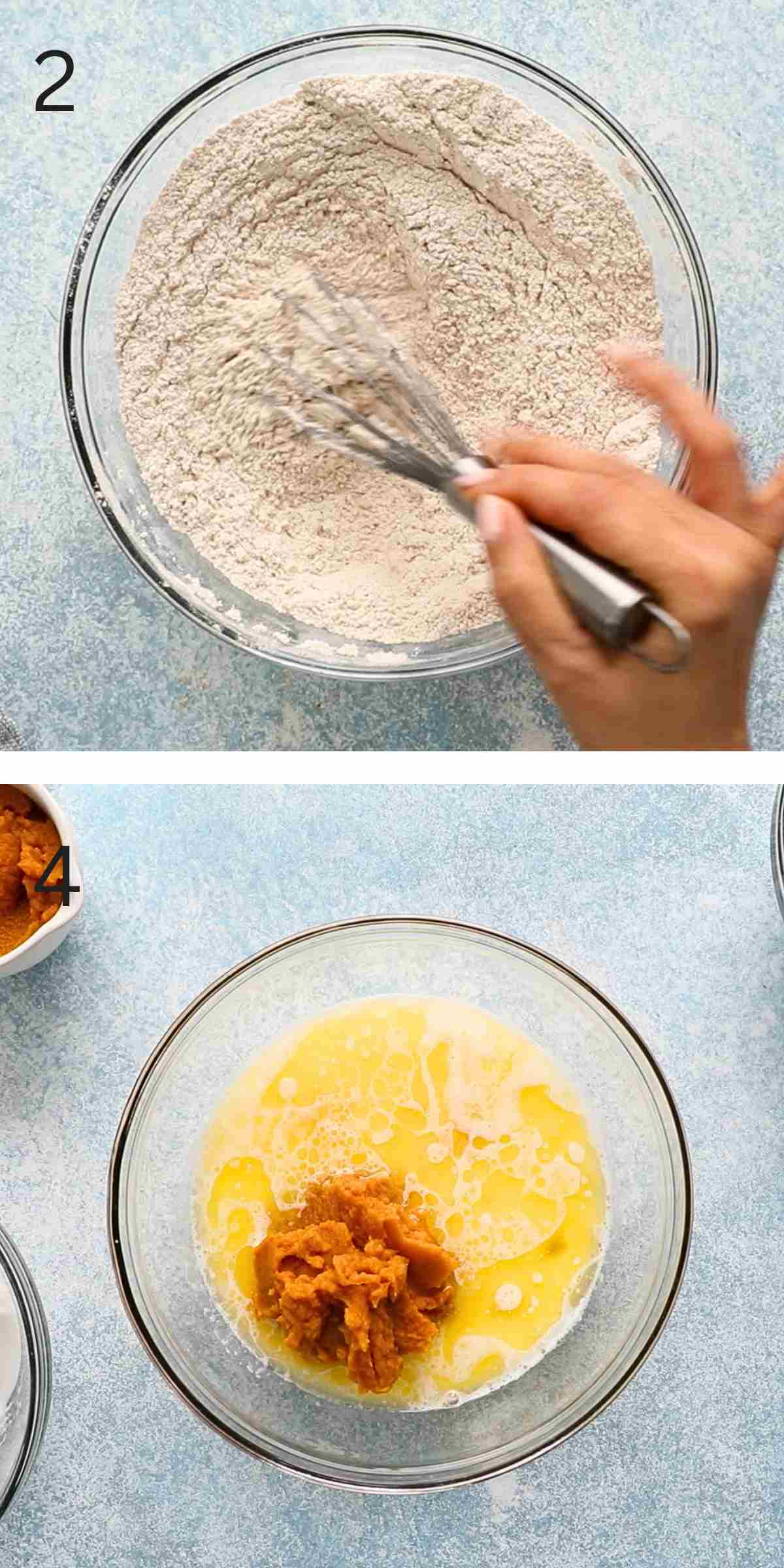 2 photo collage of mixing dry ingredients and wet ingredients in a glass bowl.