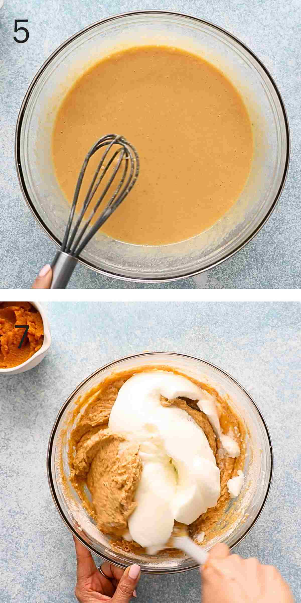 2 photo collage of mixing pumpkin waffles batter in a glass bowl. 