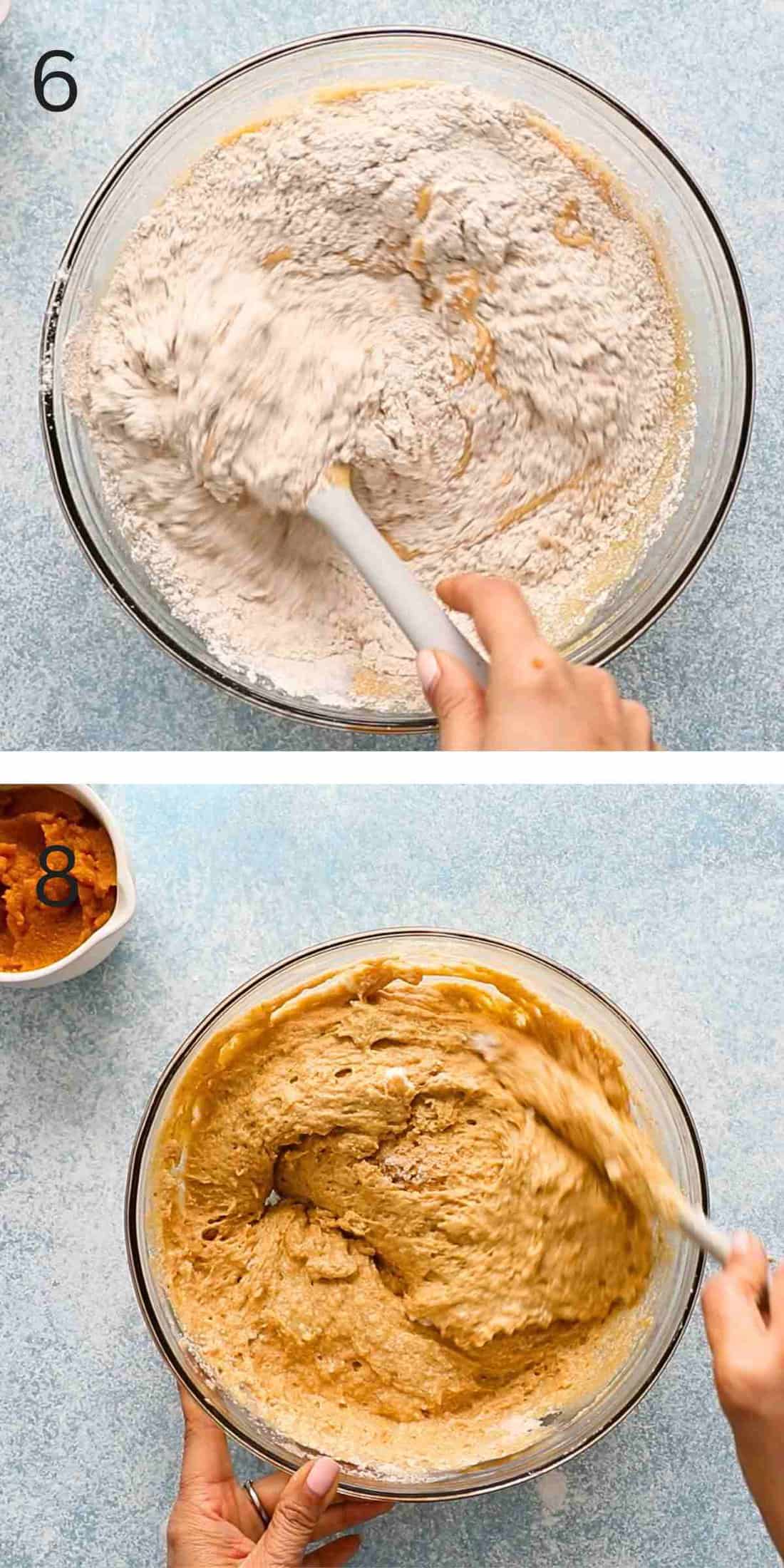2 photo collage of mixing pumpkin waffles batter in a glass bowl. 