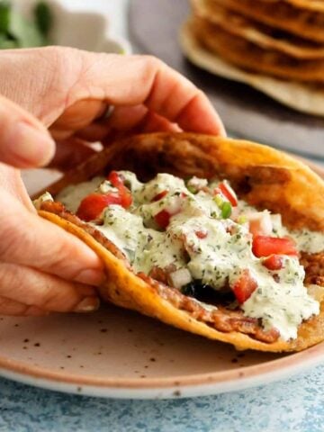 two hands holding one smashed chicken taco.