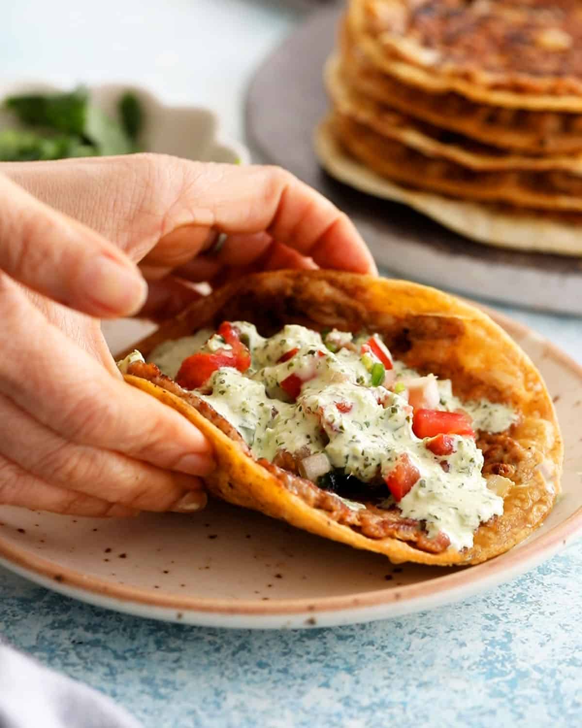a hand holding one smashed chicken taco. 