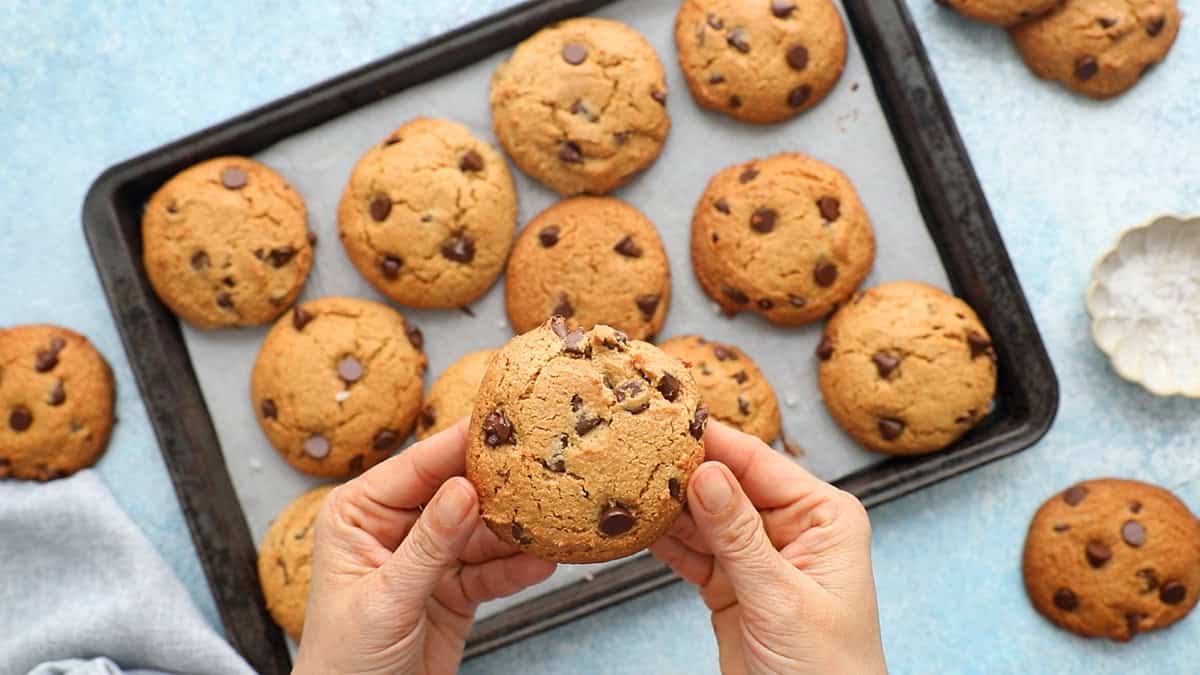 two hands holding one chocolate chip cookie.