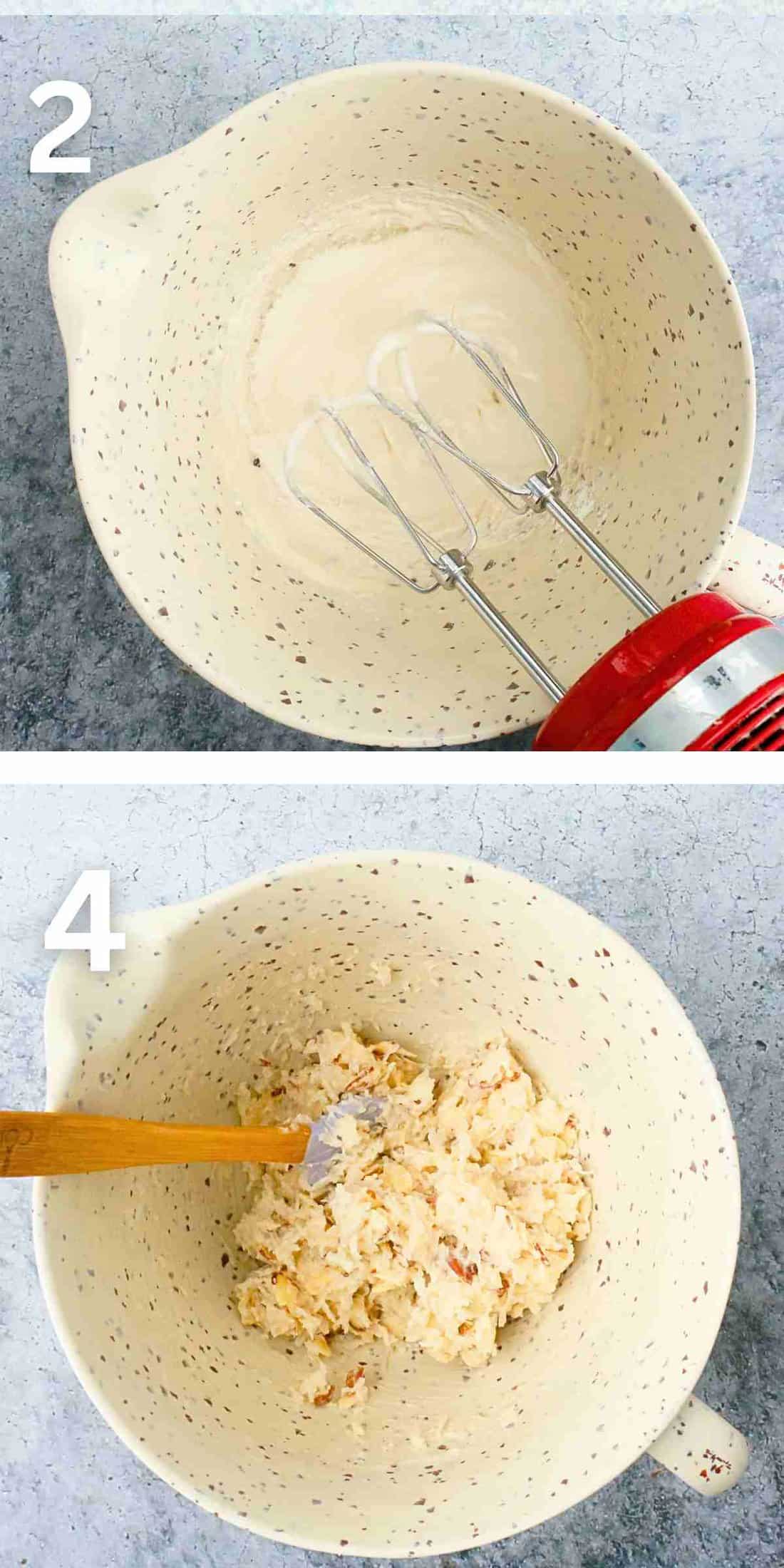2 photo collage of making coconut cookie dough in a white bowl.