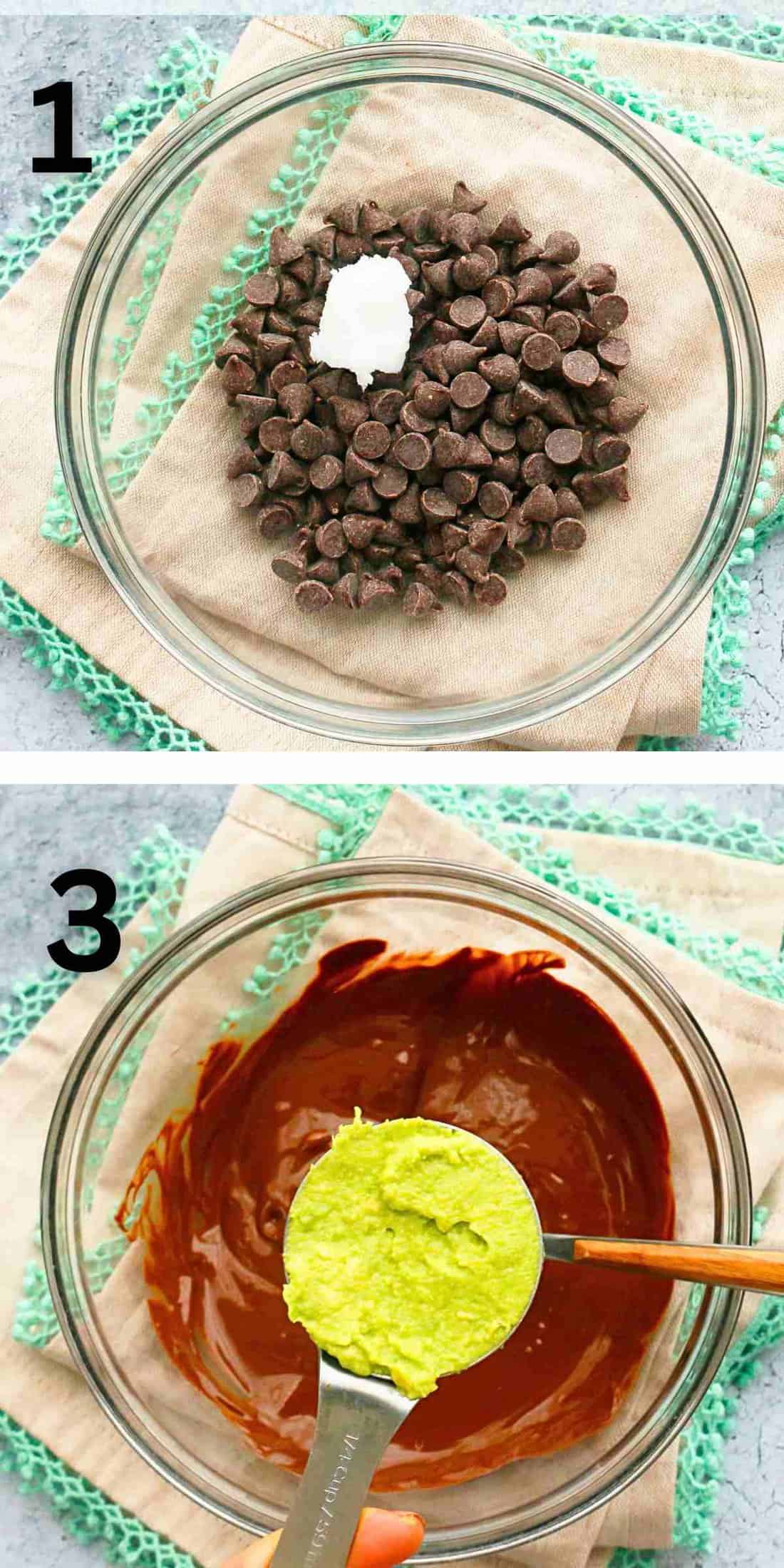 2 photo collage of making chocolate truffles in a glass bowl.