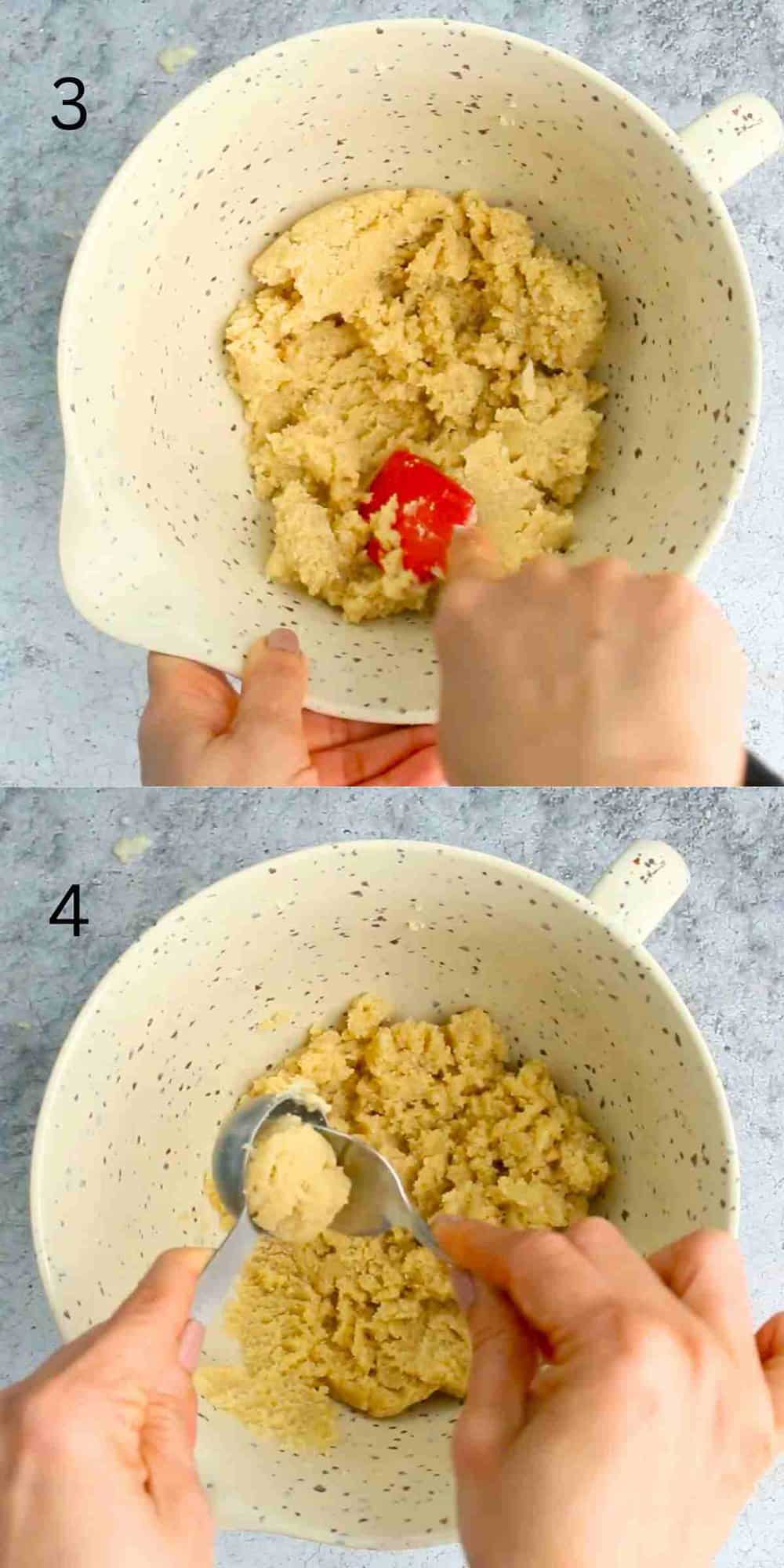 two hands scooping and shaping cookie dough.