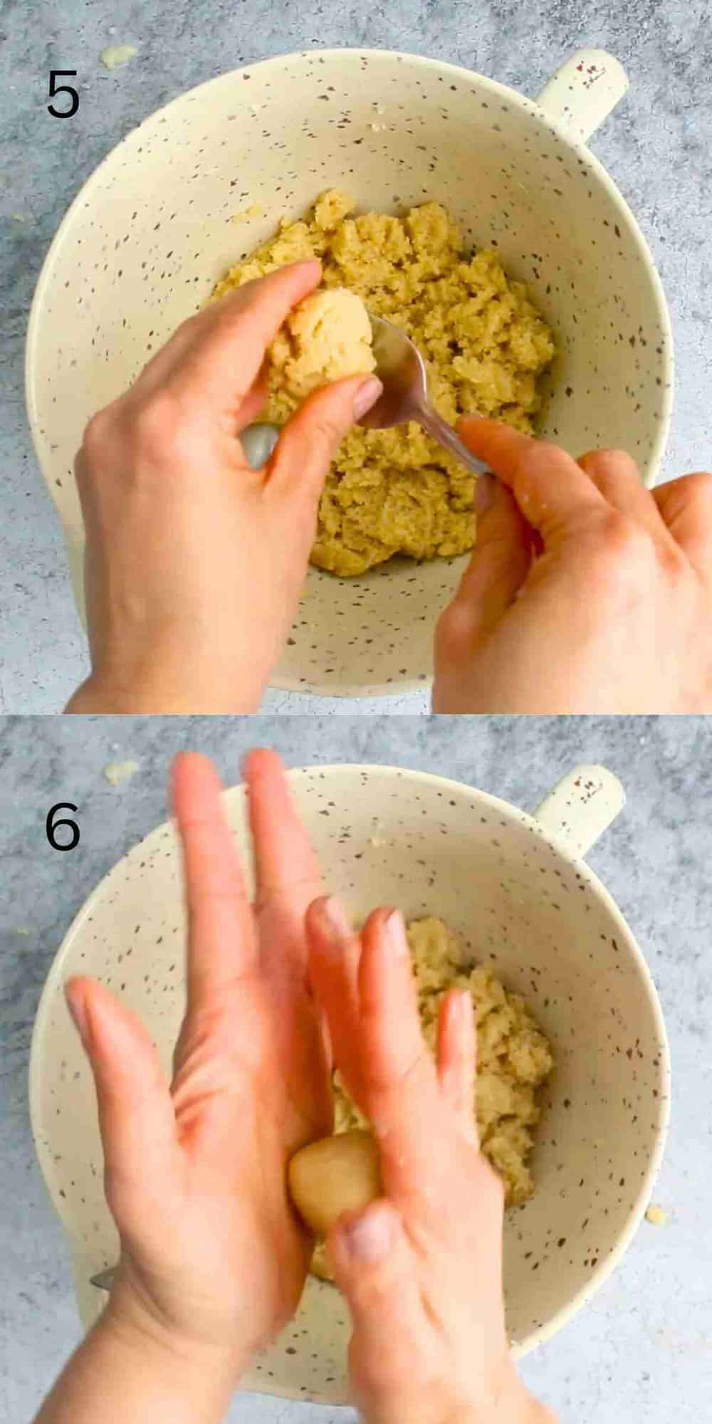 two hands shaping rolling cookie dough.