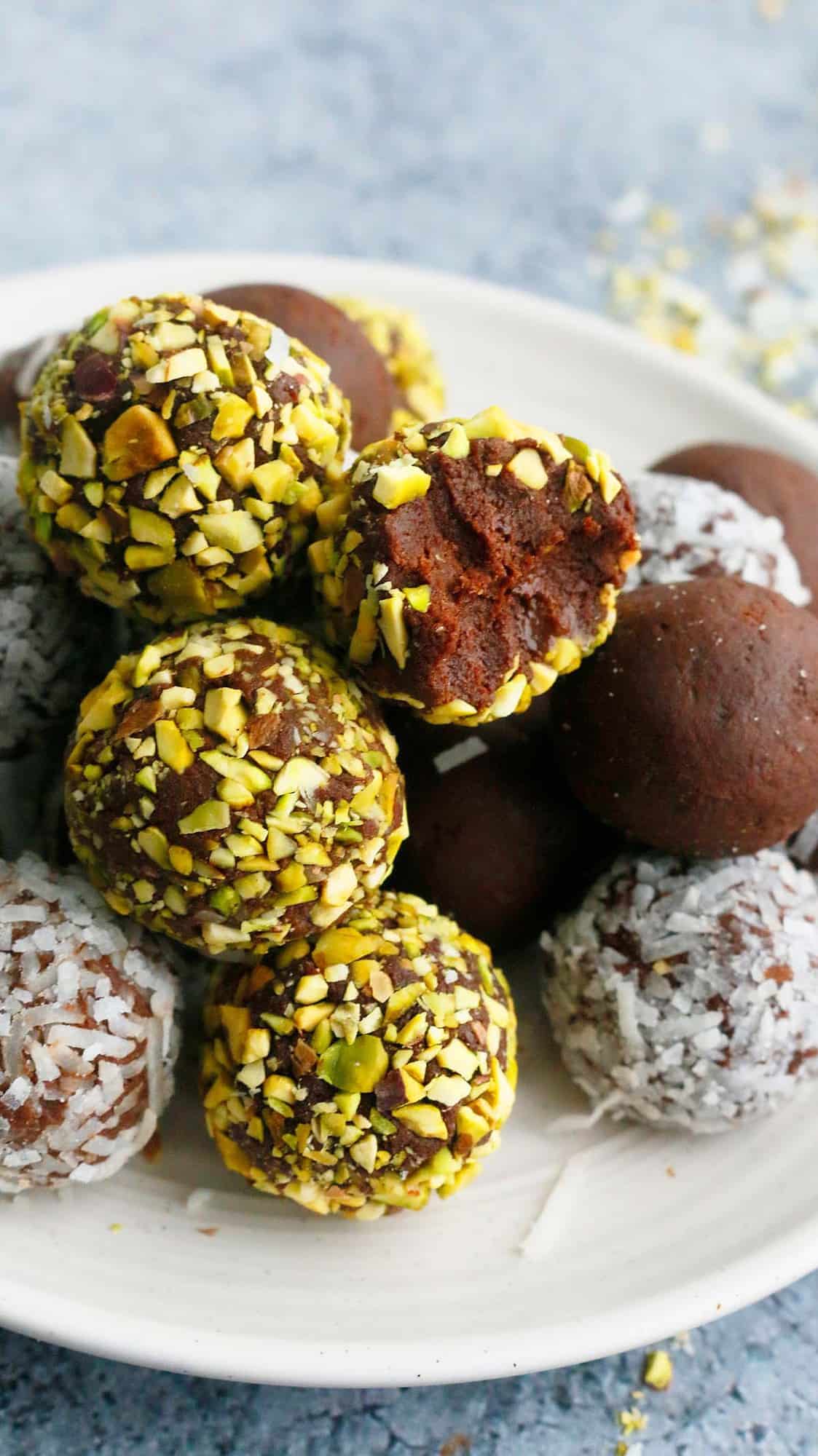 vegan chocolate truffles rolled in chopped nuts. 
