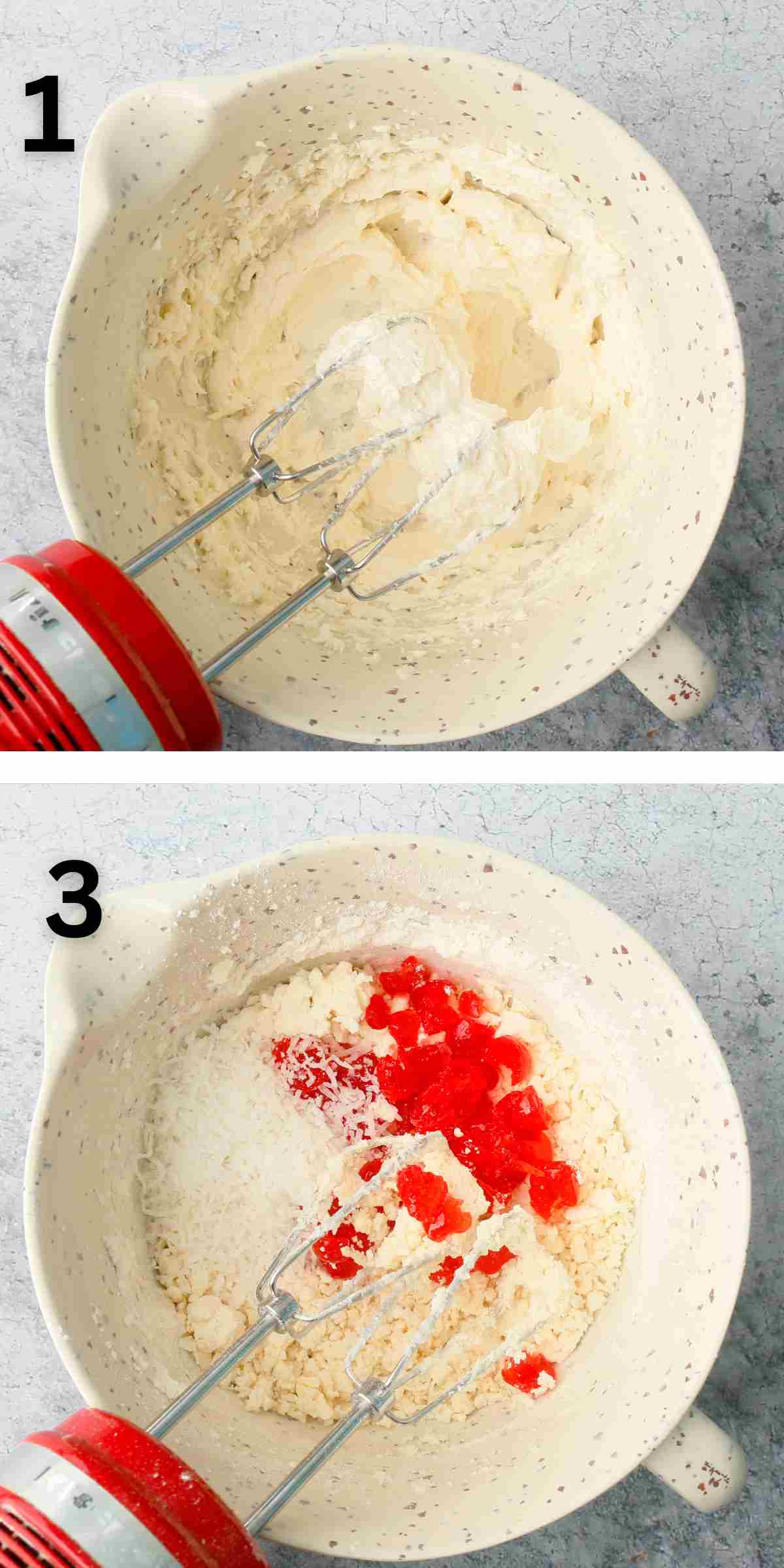 2 photo collage of mixing cookie dough in a white bowl.