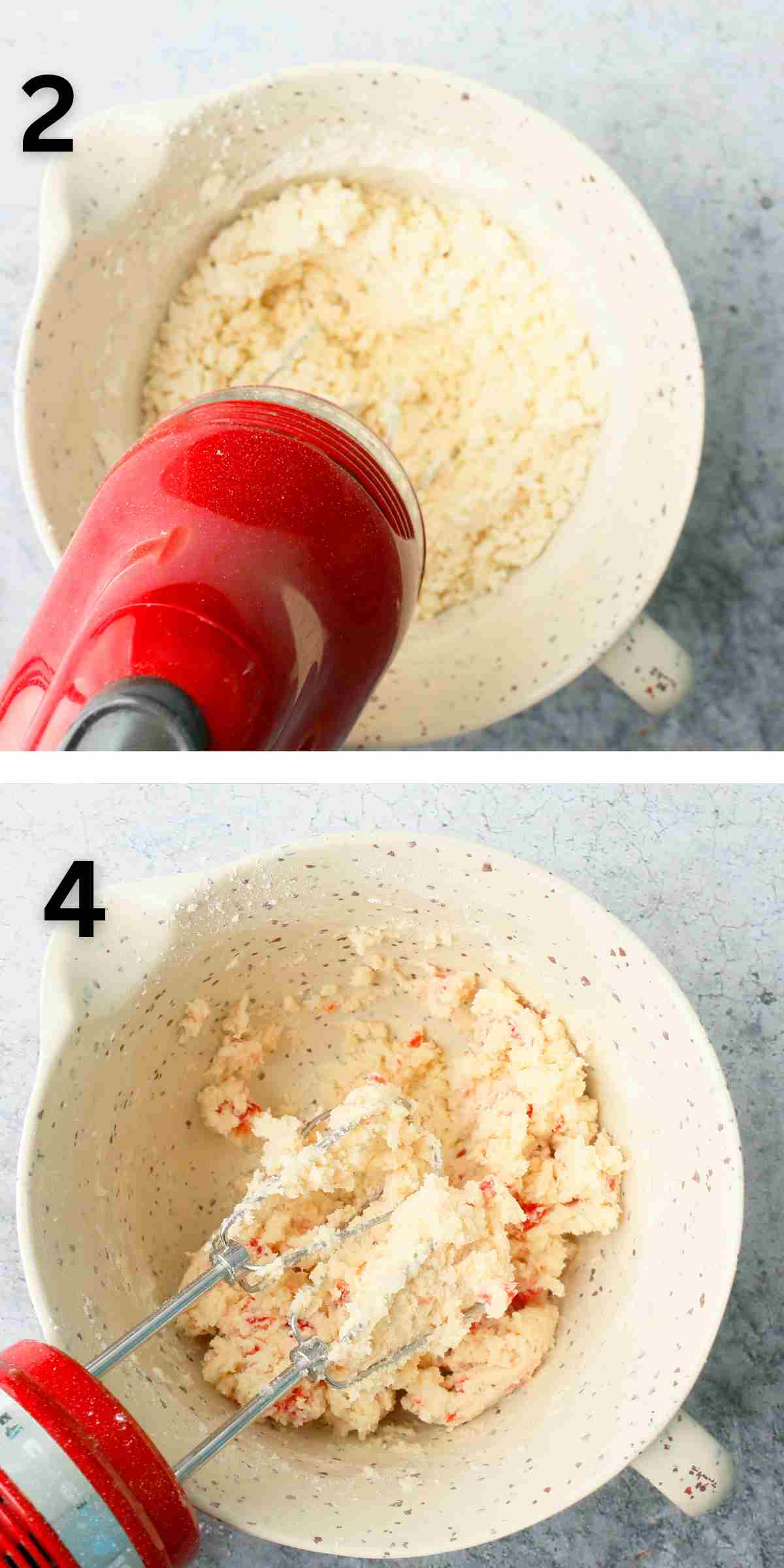 2 photo collage of mixing cookie dough in a white bowl.