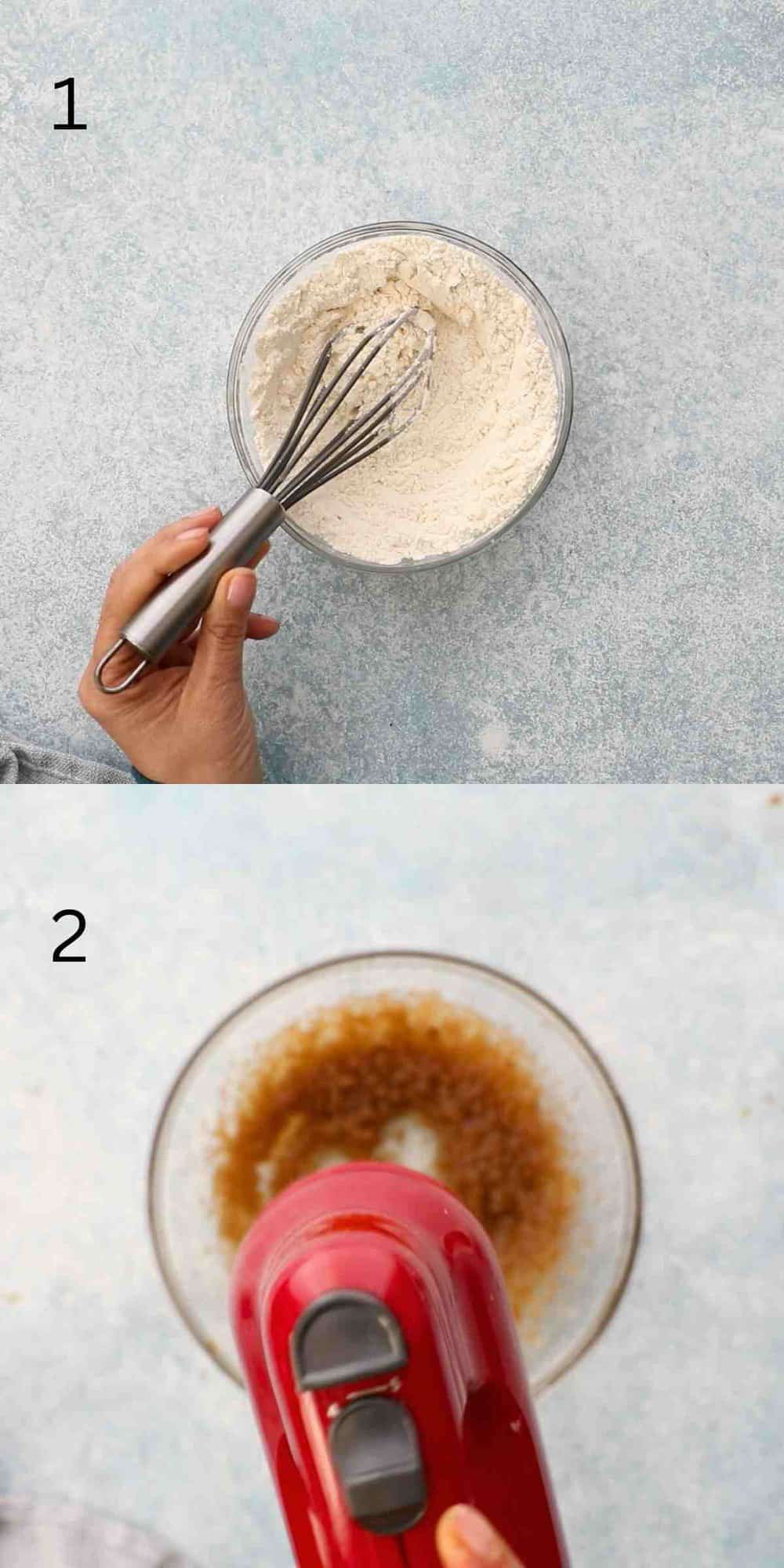 2 photo collage of a hand whisking flour and beating wet ingreients.