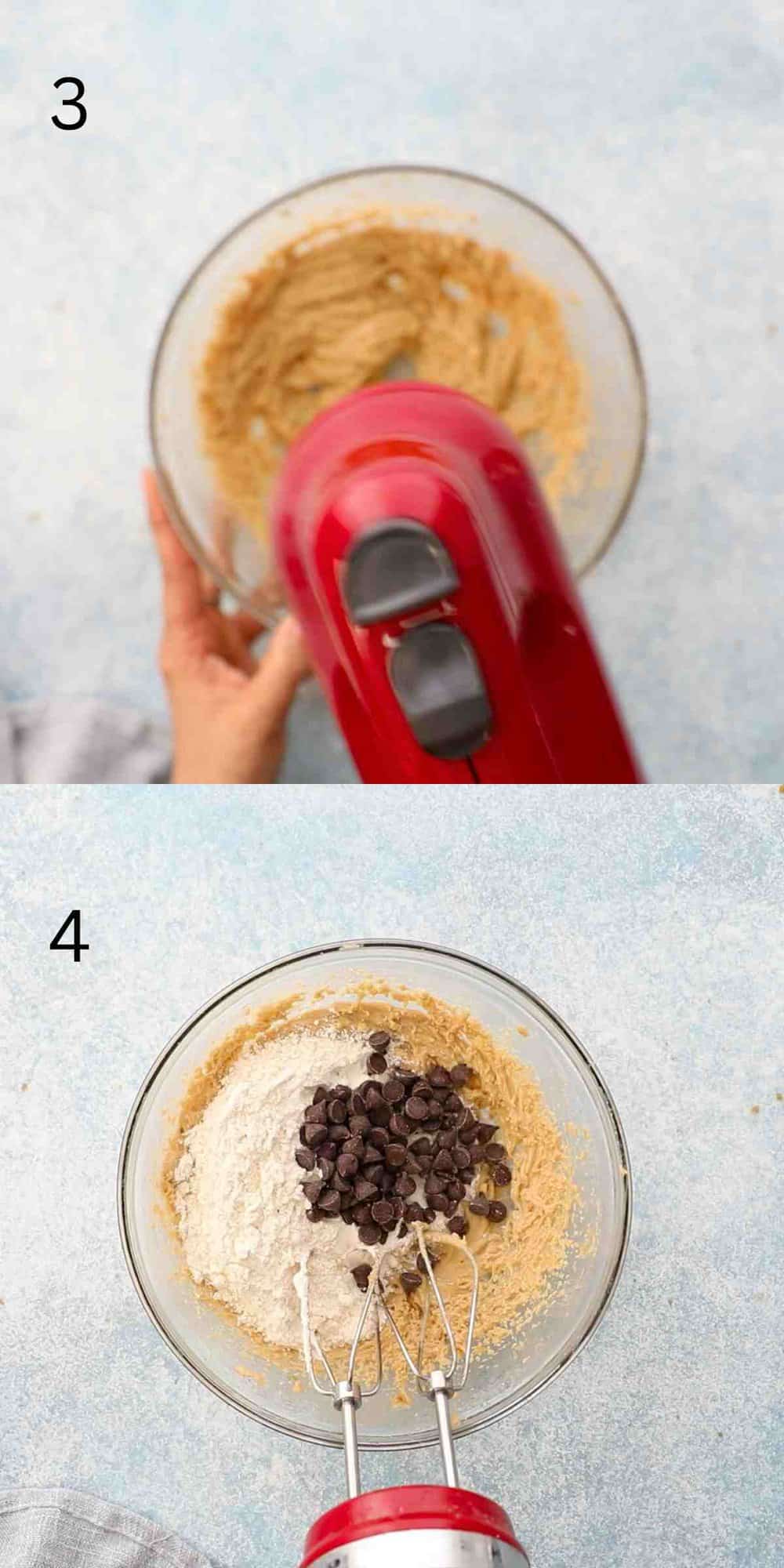 2 photo collage of mixing ingredients using a red beater in a glass bowl.