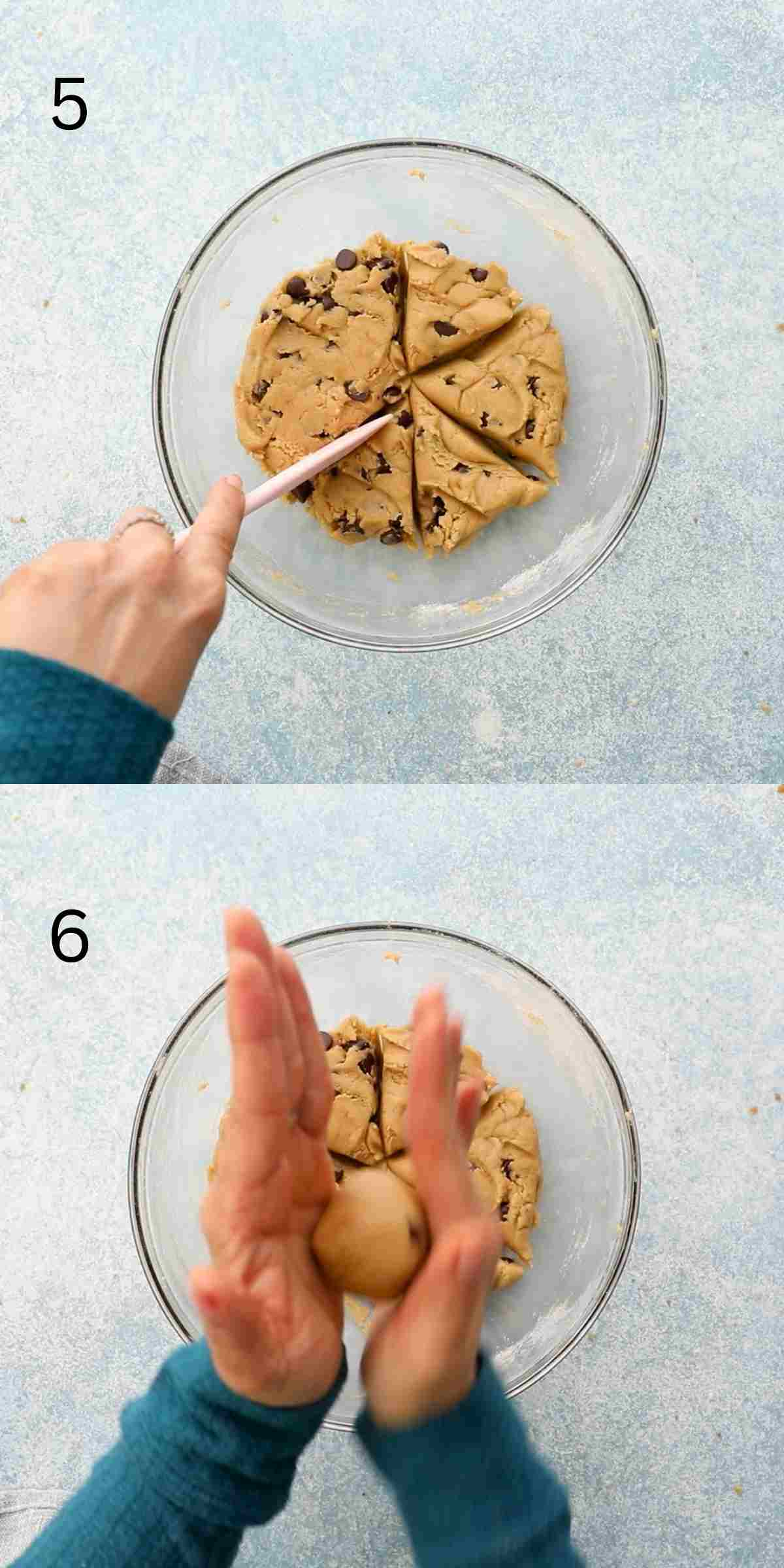 2 photo collage of dividing and rolling cookie dough into balls.