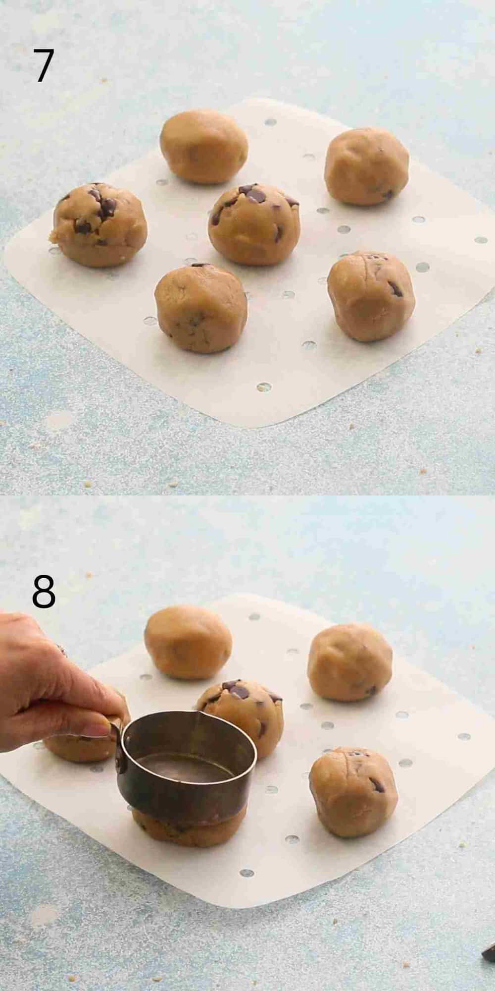 2 photo collage of 6 cookie balls on a square parchment paper.