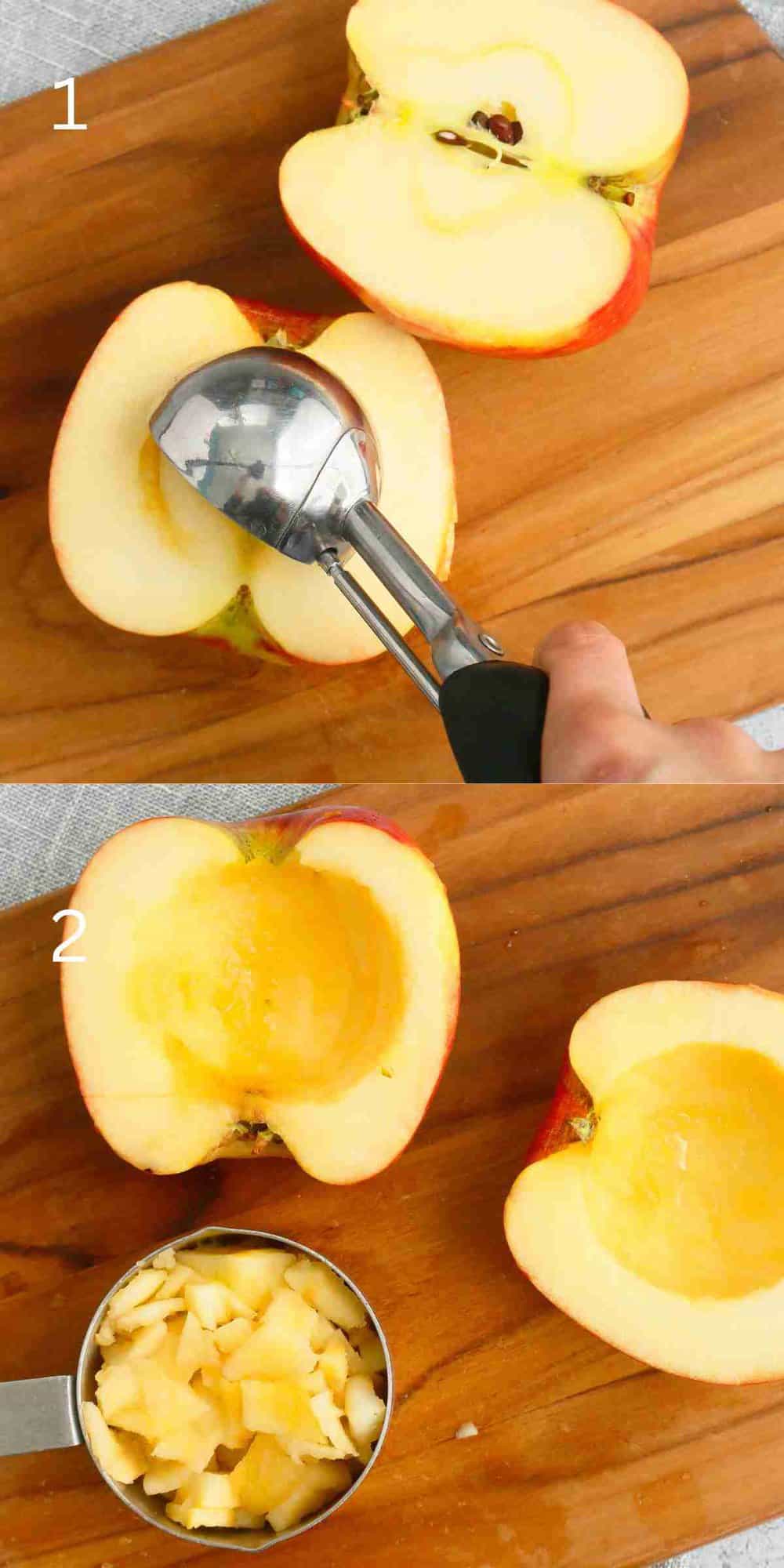 2 photo collage of coring 2 apple halves.