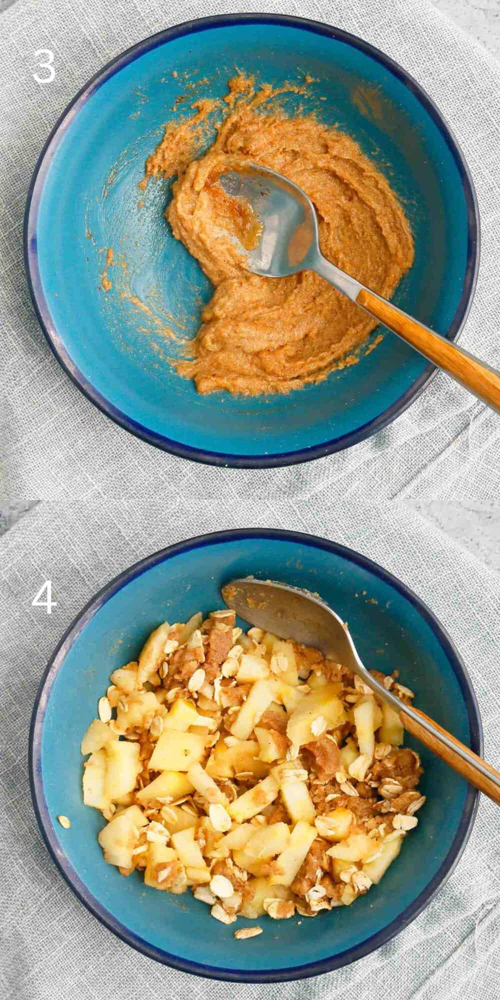 2 photo collage of mixing apple stuffing in a blue bowl.