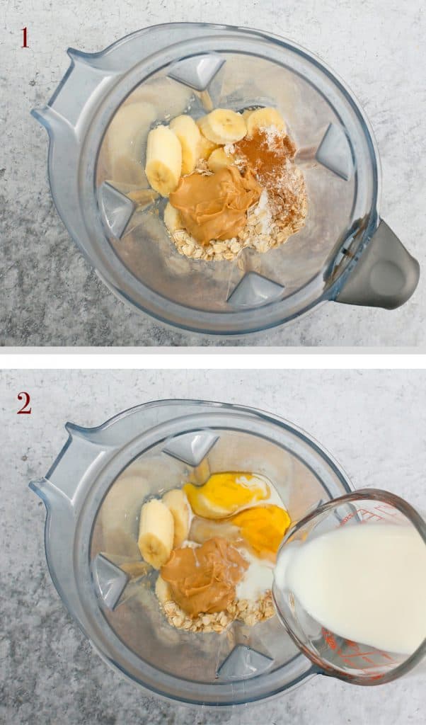 2 photo collage of waffle ingredients in a blender.